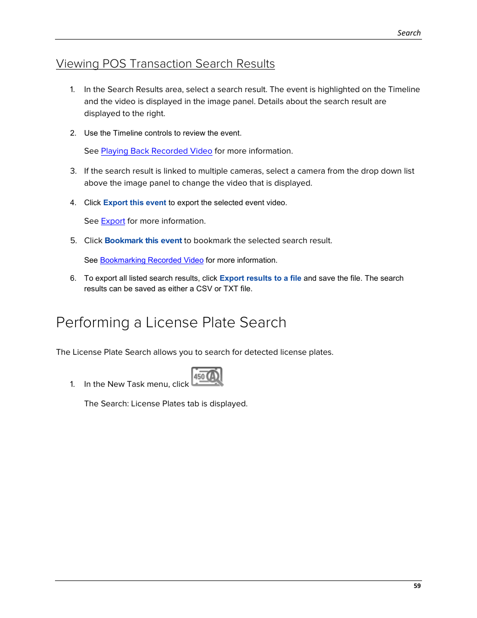 Viewing pos transaction search results, Performing a license plate search | Avigilon ACC Enterprise Web Version 5.2 User Manual | Page 69 / 90