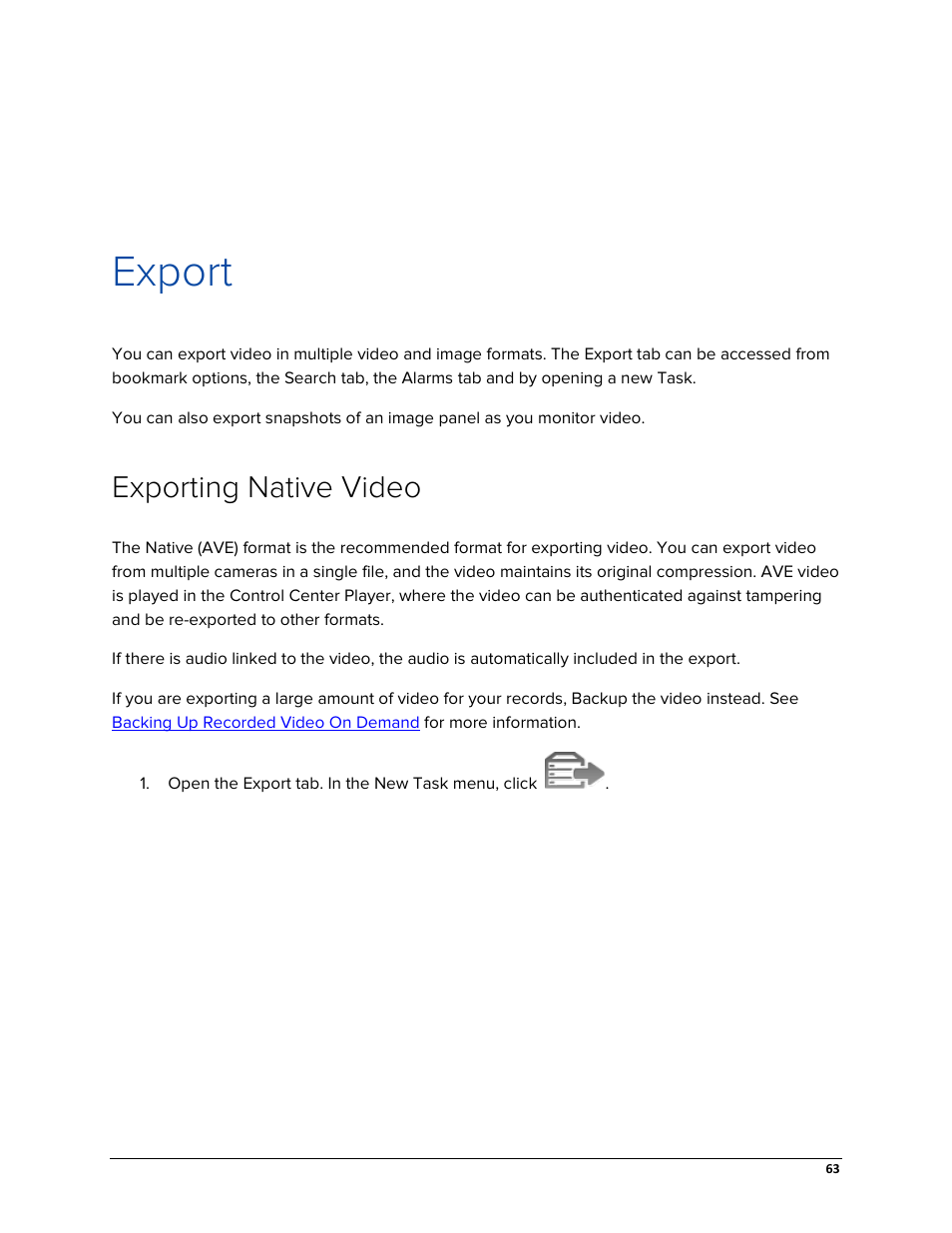 Export, Exporting native video, Exporting recorded video and images | Avigilon ACC Enterprise Web Version 5.2 User Manual | Page 73 / 90