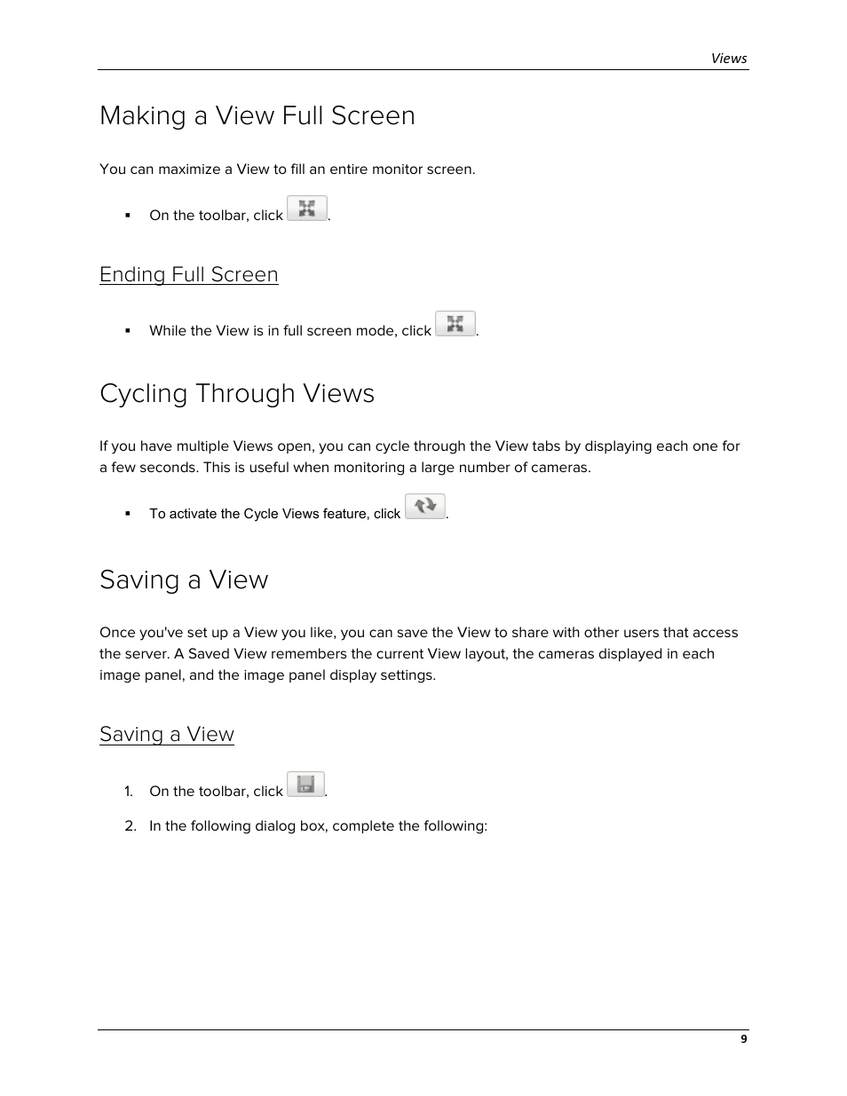 Making a view full screen, Ending full screen, Cycling through views | Saving a view | Avigilon ACC Standard Web Version 5.2 User Manual | Page 17 / 74