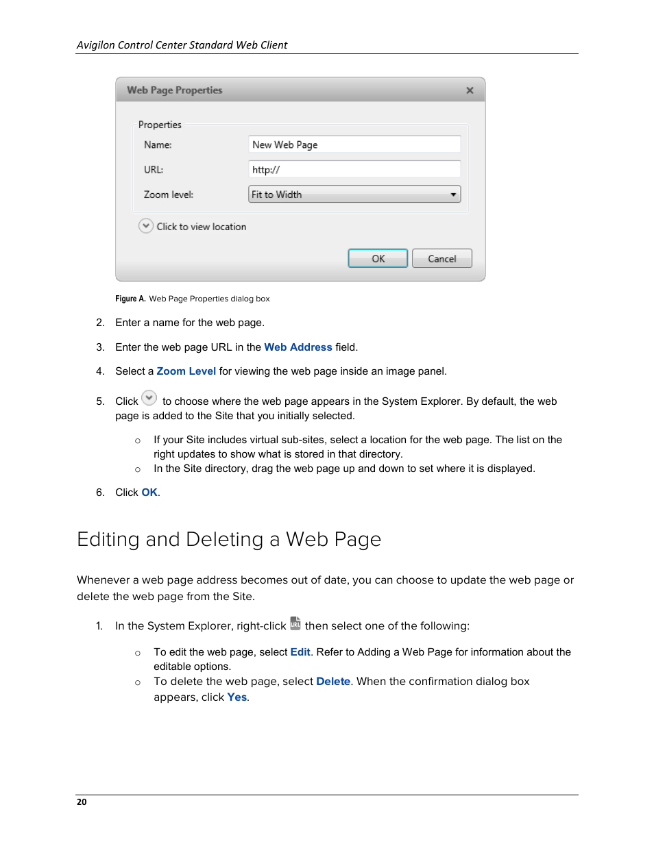 Editing and deleting a web page | Avigilon ACC Standard Web Version 5.2 User Manual | Page 28 / 74