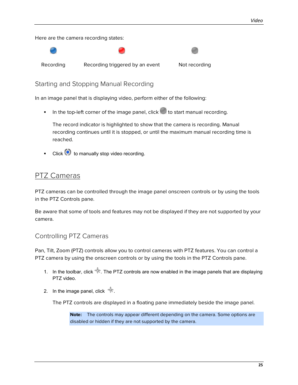 Starting and stopping manual recording, Ptz cameras, Controlling ptz cameras | Avigilon ACC Standard Web Version 5.2 User Manual | Page 33 / 74