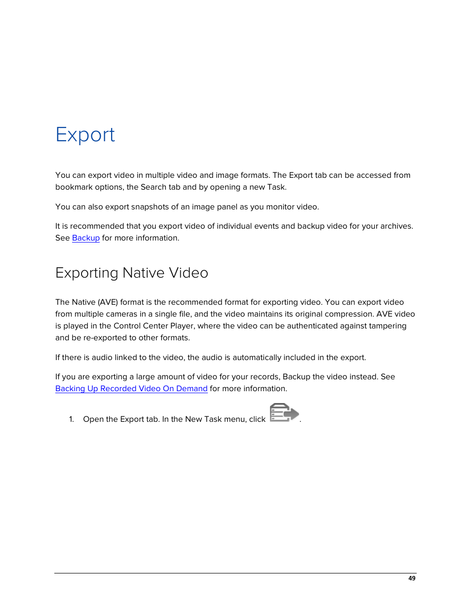 Export, Exporting native video | Avigilon ACC Standard Web Version 5.2 User Manual | Page 57 / 74