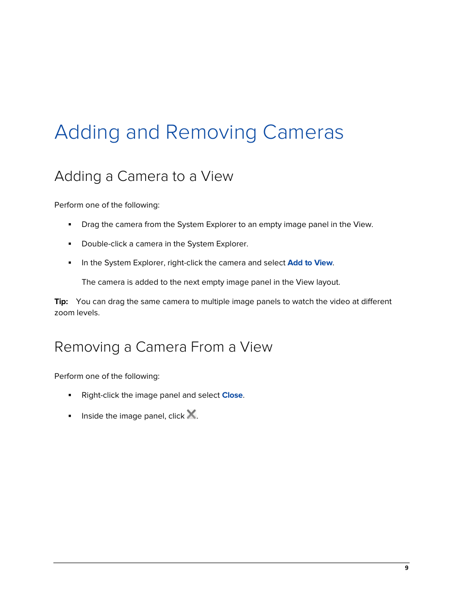 Adding and removing cameras, Adding a camera to a view, Removing a camera from a view | Avigilon ACC Gateway Web Version 5.2 User Manual | Page 15 / 31