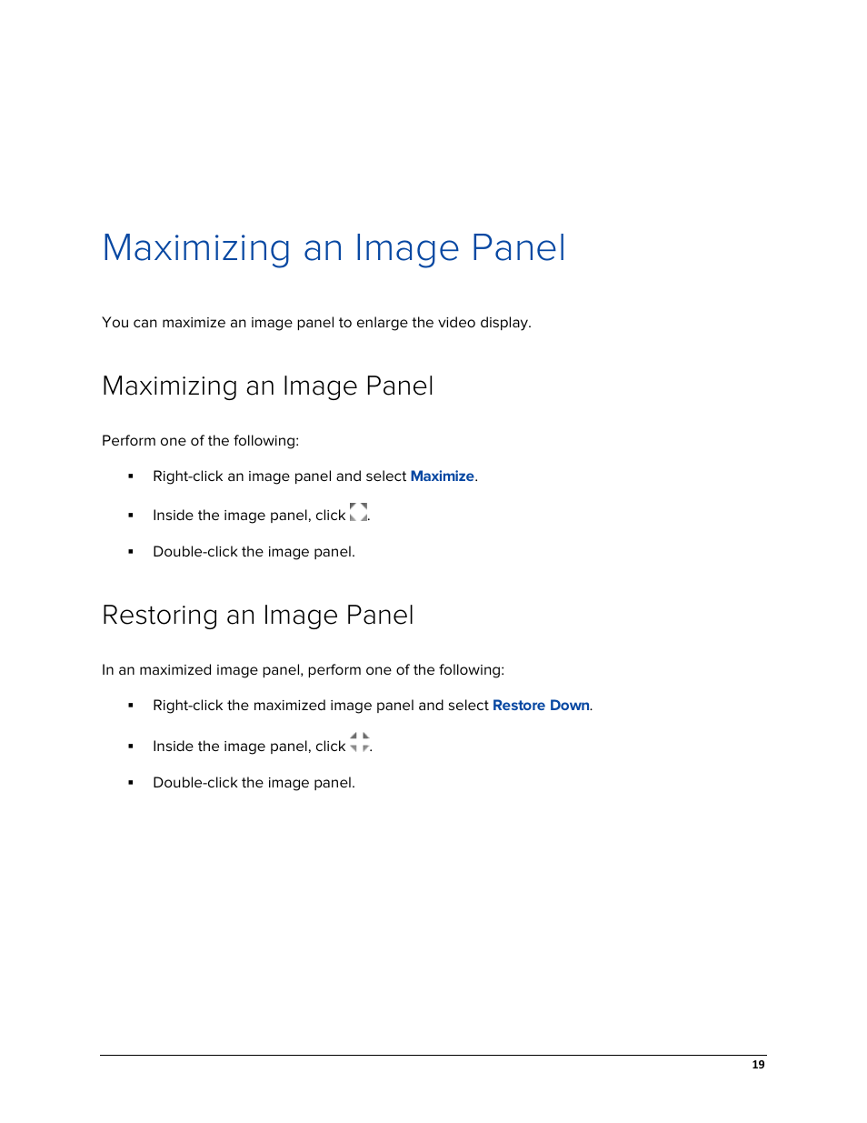 Maximizing an image panel, Restoring an image panel | Avigilon ACC Gateway Web Version 5.2 User Manual | Page 25 / 31