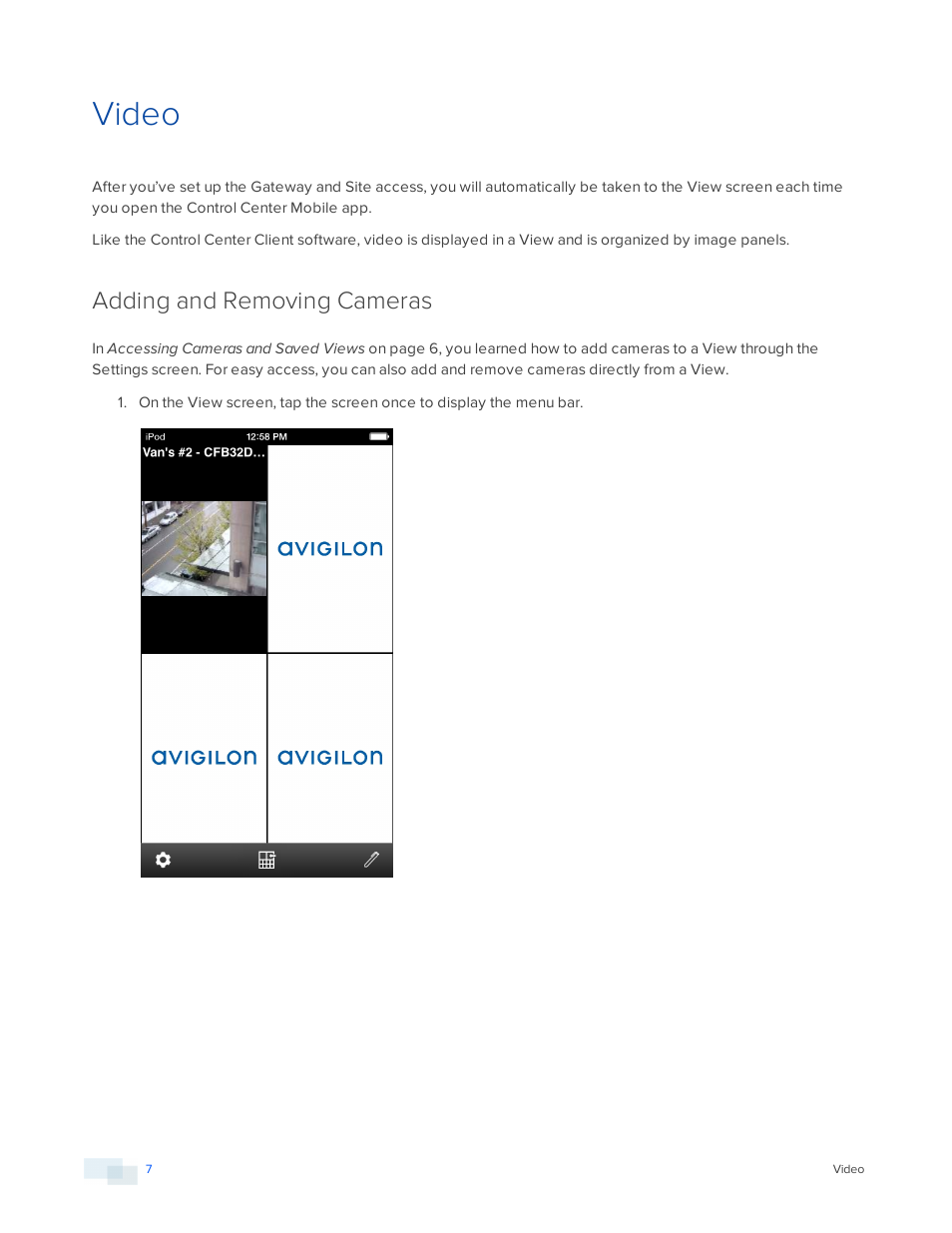 Video, Adding and removing cameras | Avigilon ACC Mobile Version 1.4.0.2 for iOS User Manual | Page 10 / 19