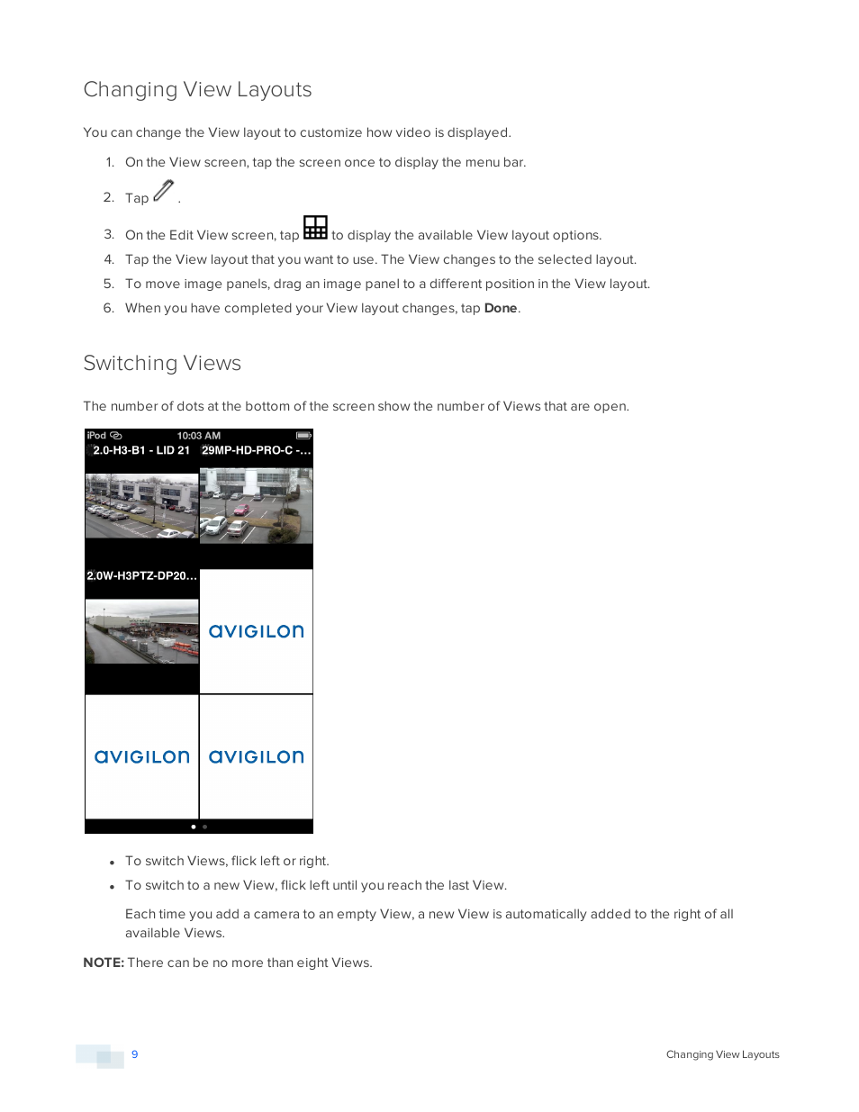 Changing view layouts, Switching views | Avigilon ACC Mobile Version 1.4.0.2 for iOS User Manual | Page 12 / 19