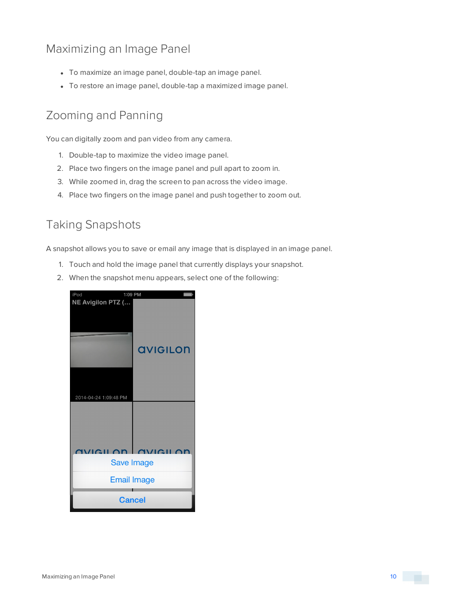 Maximizing an image panel, Zooming and panning, Taking snapshots | Avigilon ACC Mobile Version 1.4.0.2 for iOS User Manual | Page 13 / 19