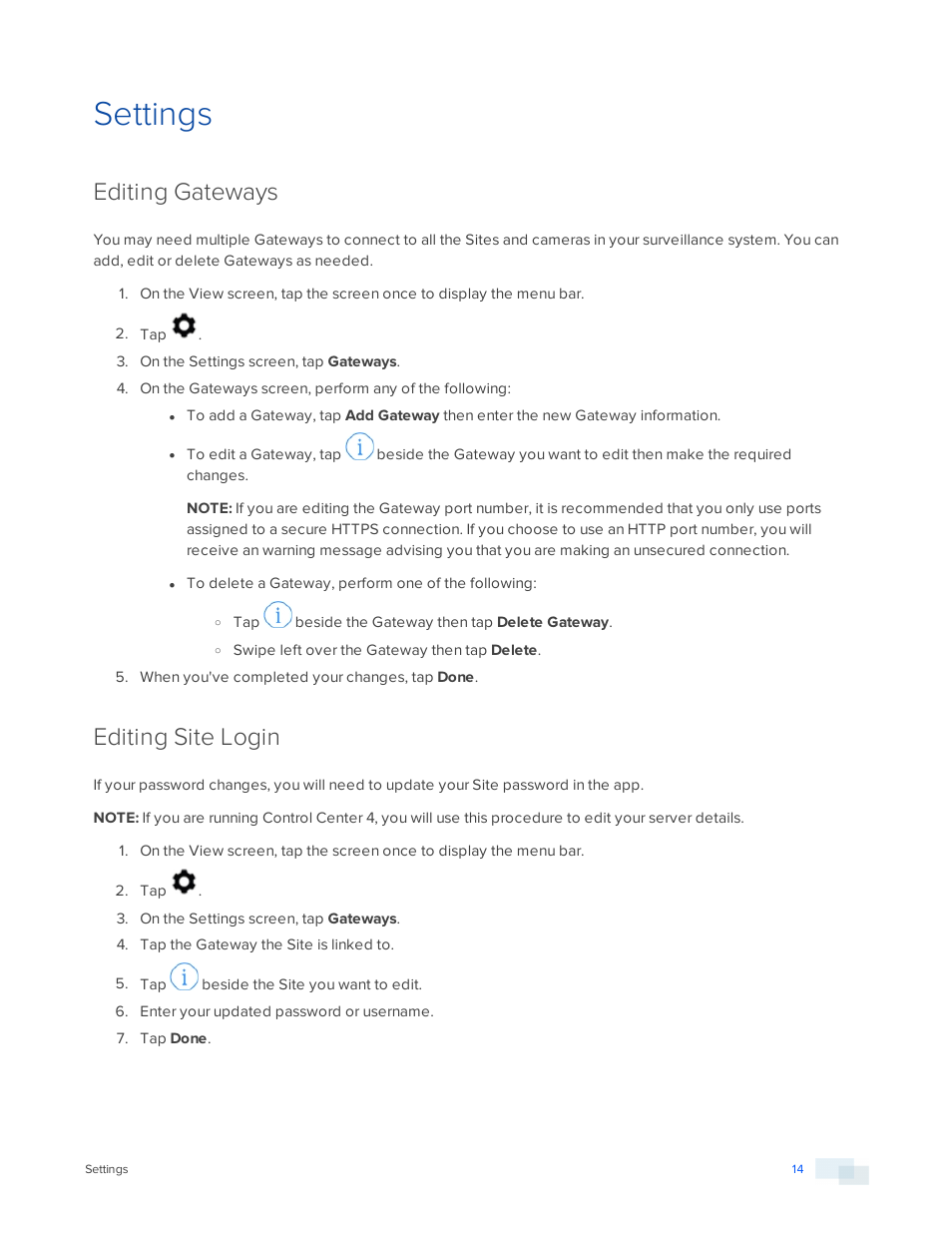 Settings, Editing gateways, Editing site login | Avigilon ACC Mobile Version 1.4.0.2 for iOS User Manual | Page 17 / 19