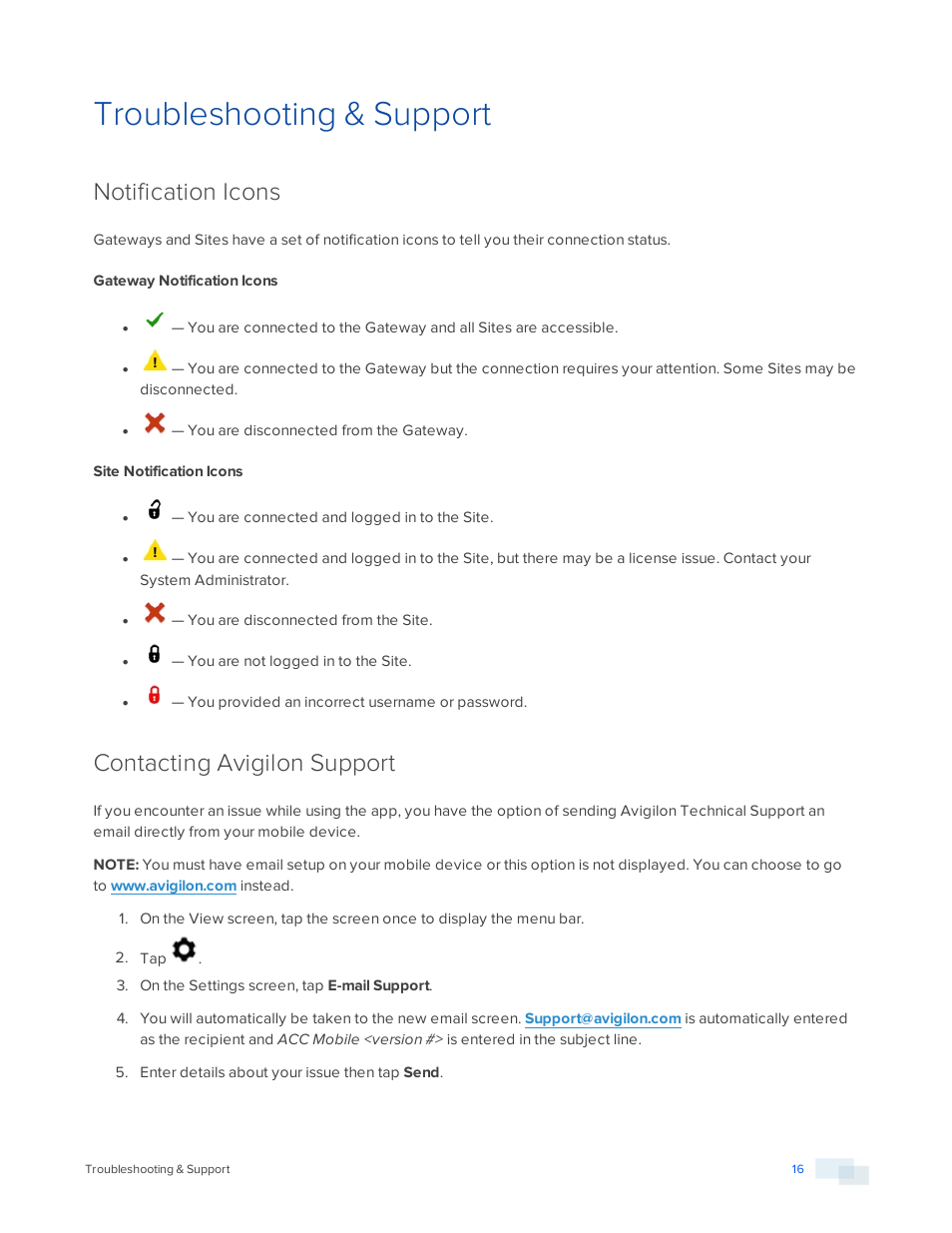 Troubleshooting & support, Notification icons, Gateway notification icons | Site notification icons, Contacting avigilon support | Avigilon ACC Mobile Version 1.4.0.2 for iOS User Manual | Page 19 / 19