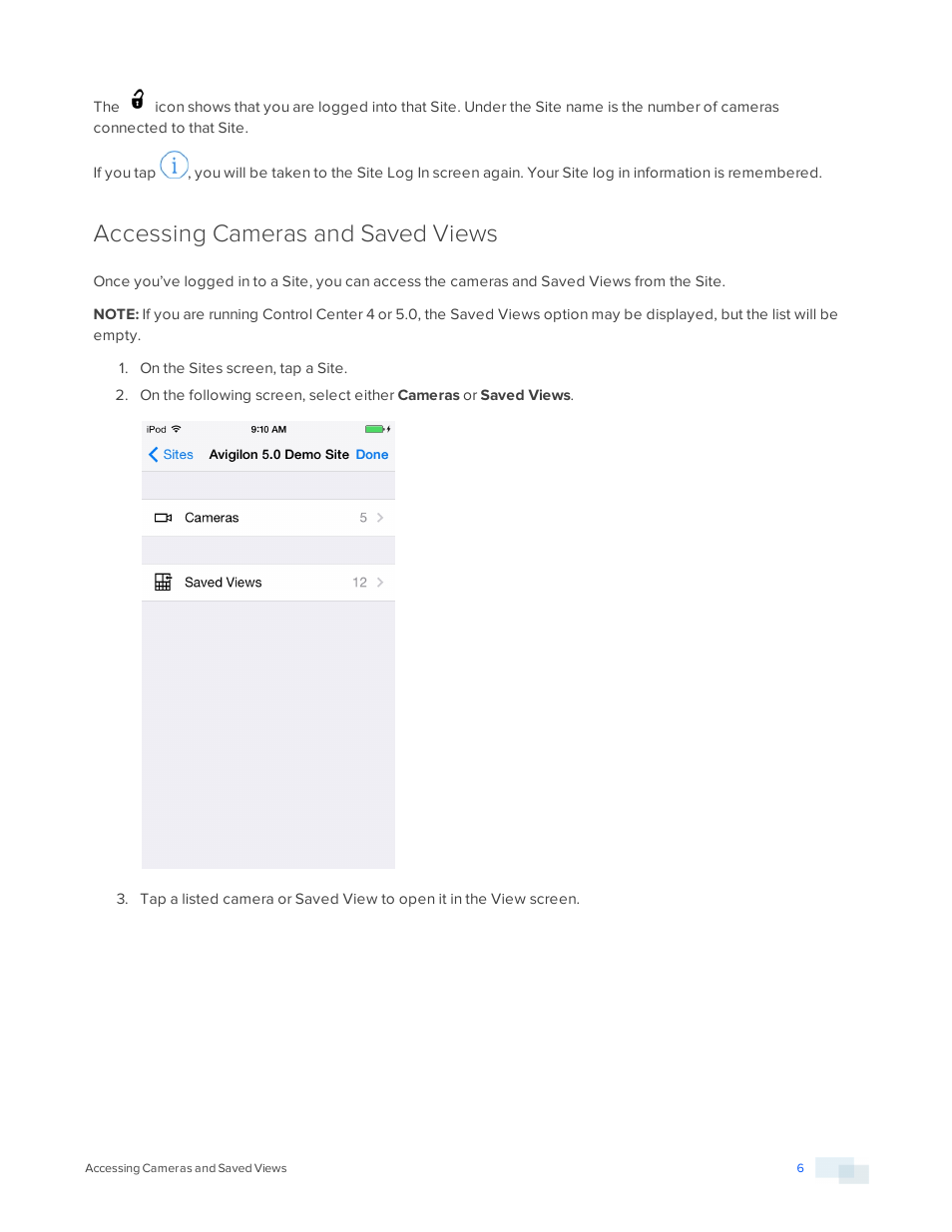 Accessing cameras and saved views | Avigilon ACC Mobile Version 1.4.0.2 for iOS User Manual | Page 9 / 19