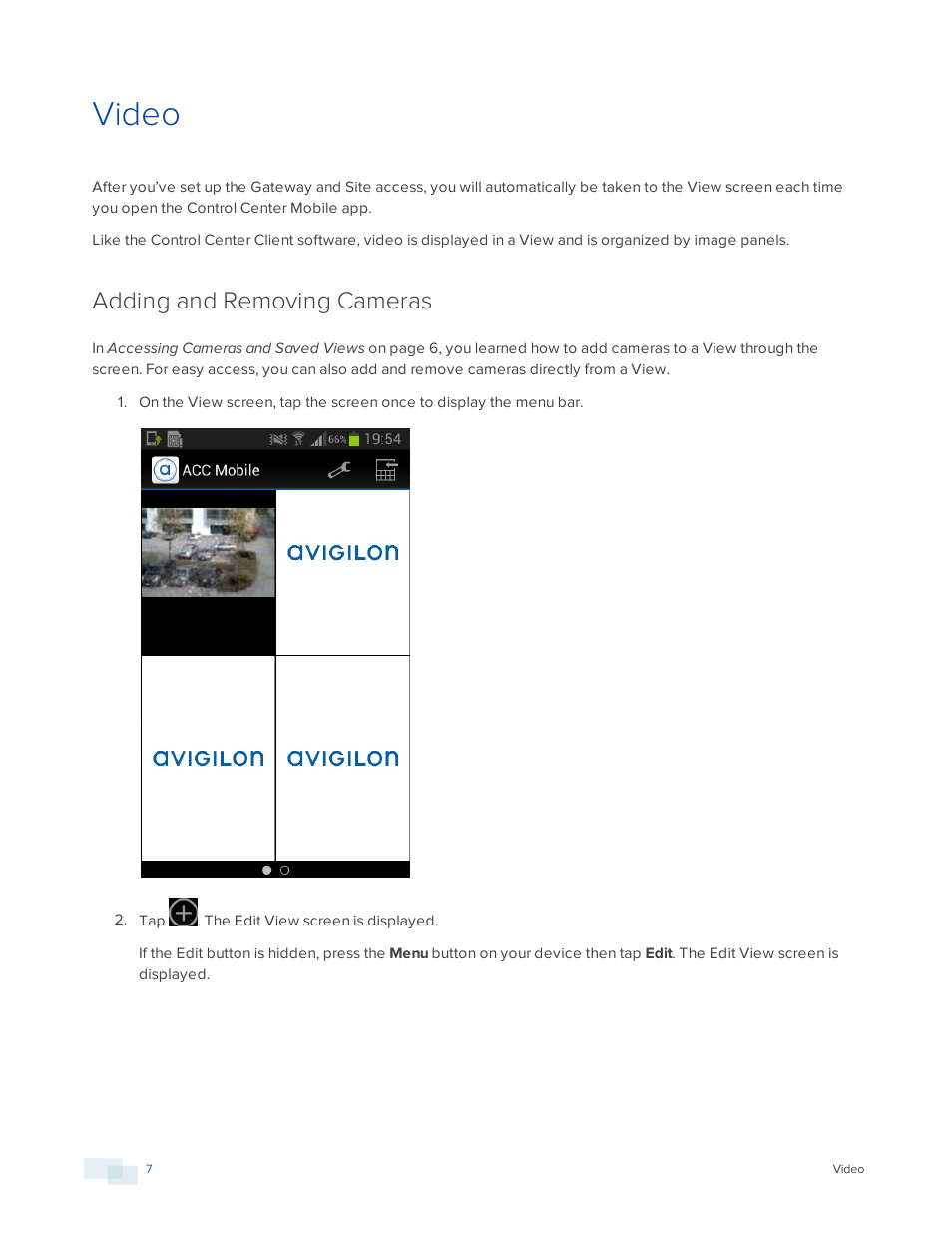 Video, Adding and removing cameras | Avigilon ACC Mobile Version 1.4.0.2 for Android User Manual | Page 10 / 21