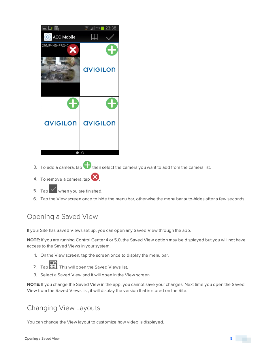 Opening a saved view, Changing view layouts | Avigilon ACC Mobile Version 1.4.0.2 for Android User Manual | Page 11 / 21