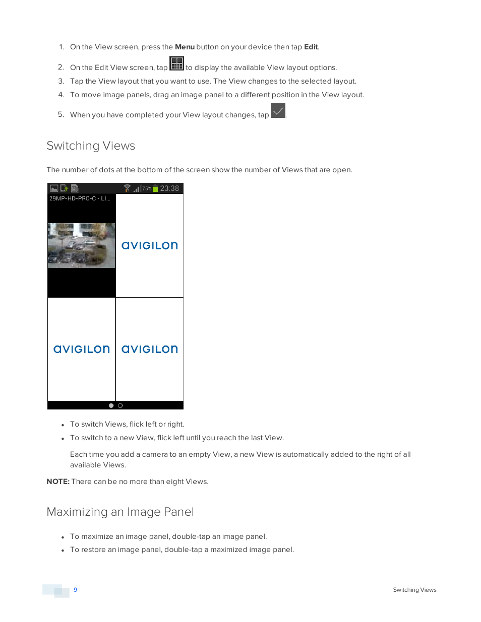 Switching views, Maximizing an image panel | Avigilon ACC Mobile Version 1.4.0.2 for Android User Manual | Page 12 / 21