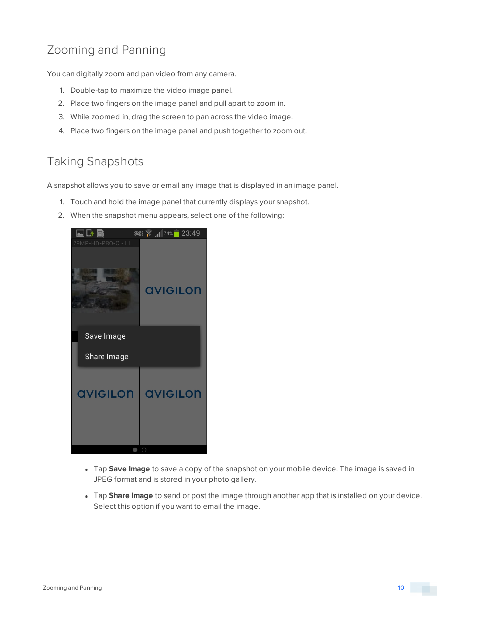 Zooming and panning, Taking snapshots | Avigilon ACC Mobile Version 1.4.0.2 for Android User Manual | Page 13 / 21