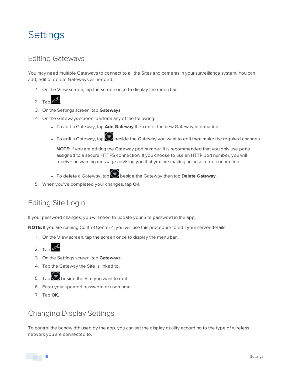 Settings, Editing gateways, Editing site login | Changing display settings | Avigilon ACC Mobile Version 1.4.0.2 for Android User Manual | Page 18 / 21