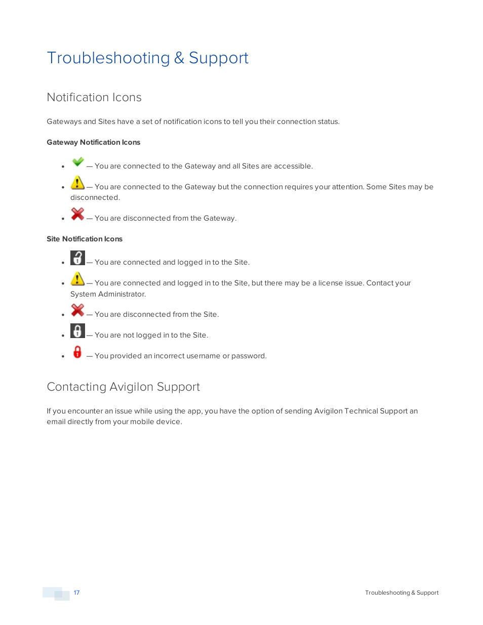 Troubleshooting & support, Notification icons, Gateway notification icons | Site notification icons, Contacting avigilon support | Avigilon ACC Mobile Version 1.4.0.2 for Android User Manual | Page 20 / 21