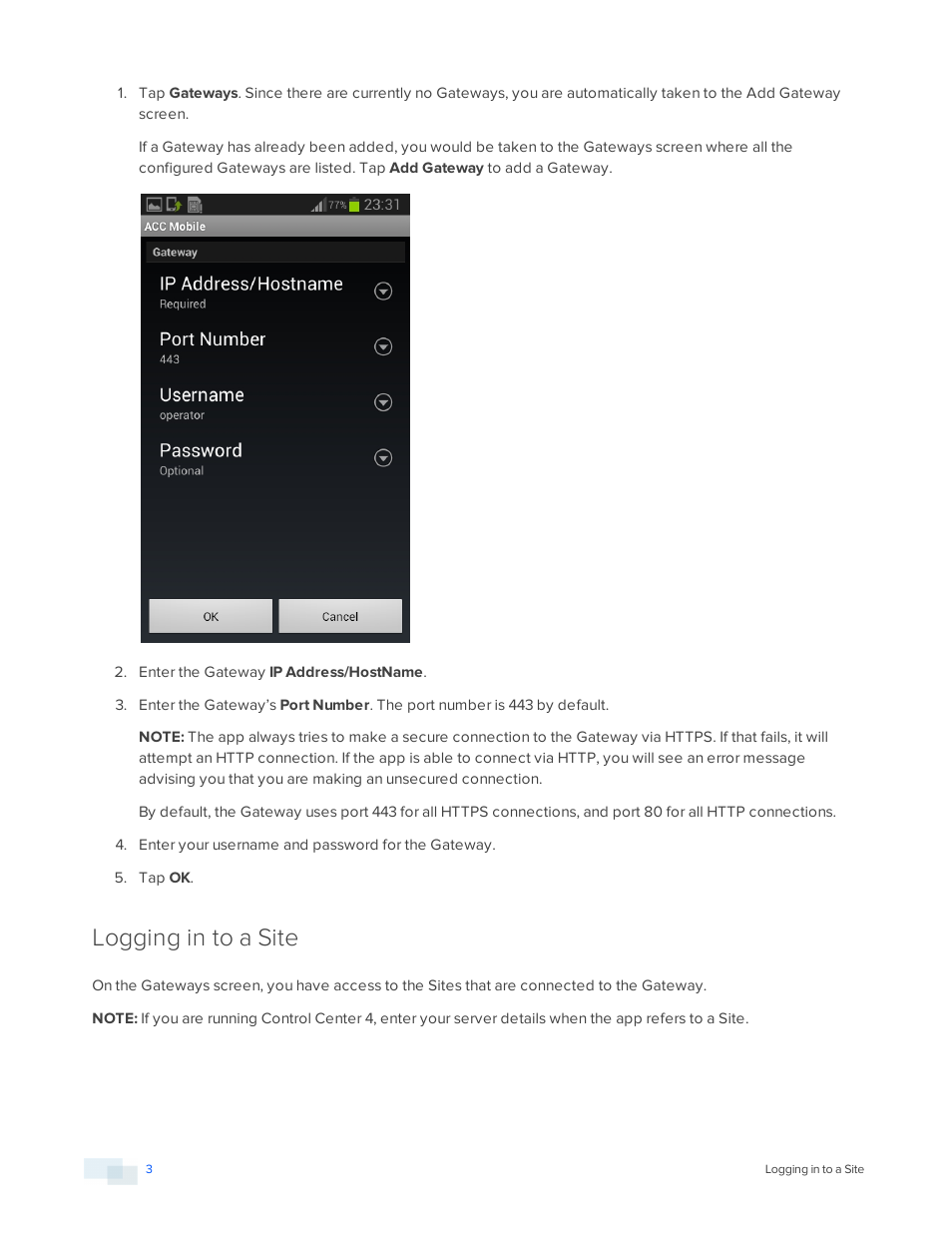 Logging in to a site | Avigilon ACC Mobile Version 1.4.0.2 for Android User Manual | Page 6 / 21