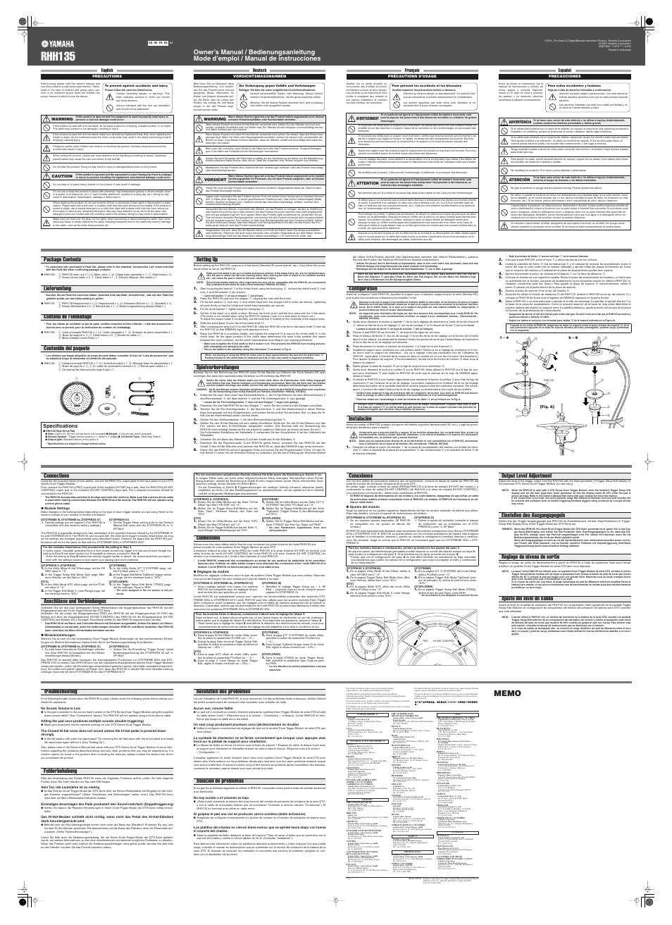 Rhh135, Connections, Anschlüsse und verbindungen | Connexions, Conexiones, Setting up, Spielvorbereitungen, Configuration, Instalación, Specifications | Yamaha RHH135 User Manual | Page 2 / 4