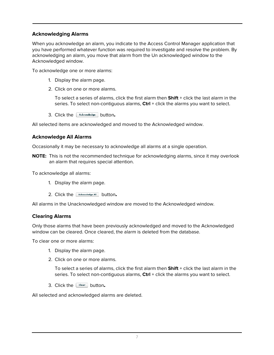 Acknowledging alarms, Acknowledge all alarms, Clearing alarms | Avigilon Access Control Manager - Alarm Monitoring User Manual | Page 11 / 41