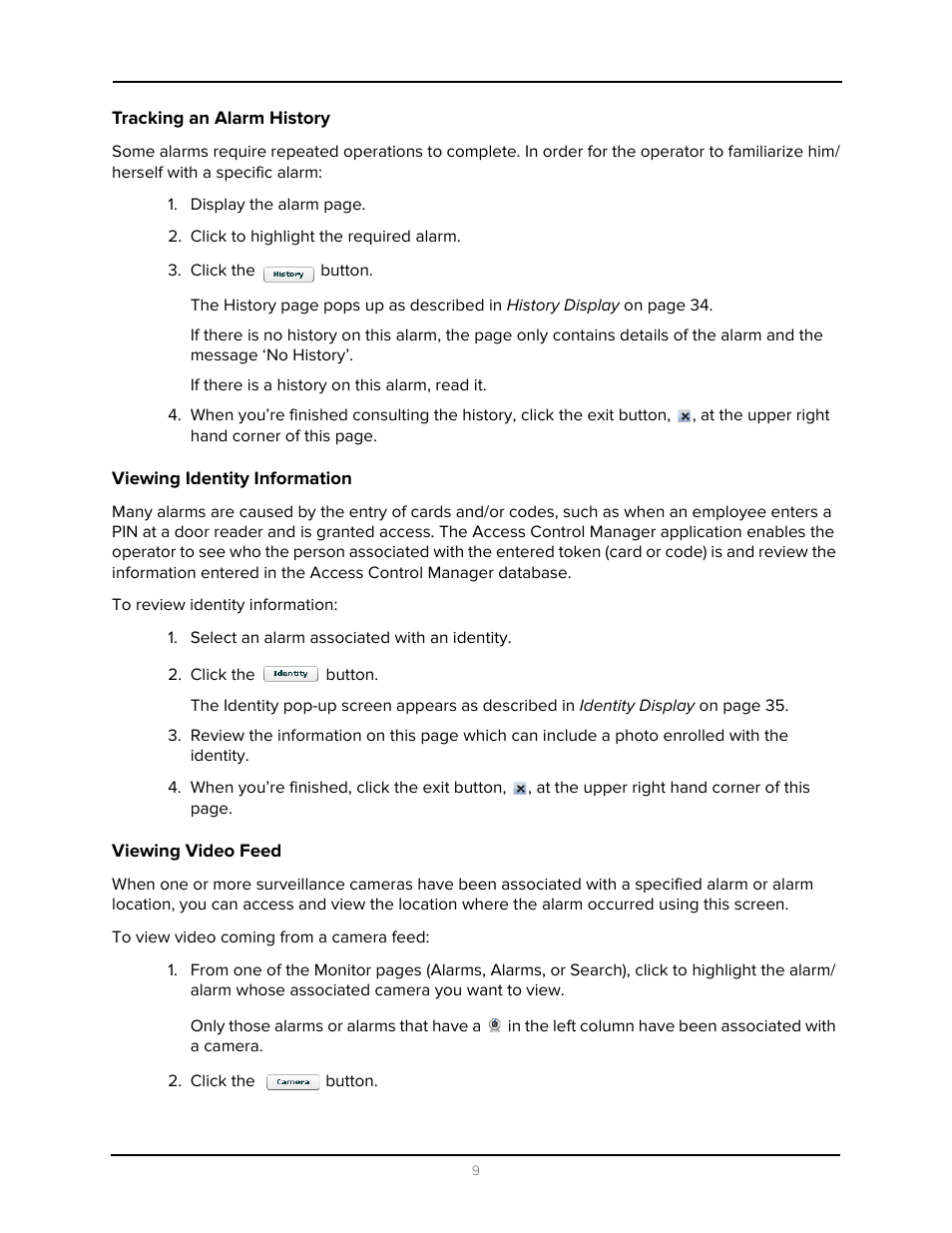 Tracking an alarm history, Viewing identity information, Viewing video feed | Avigilon Access Control Manager - Alarm Monitoring User Manual | Page 13 / 41