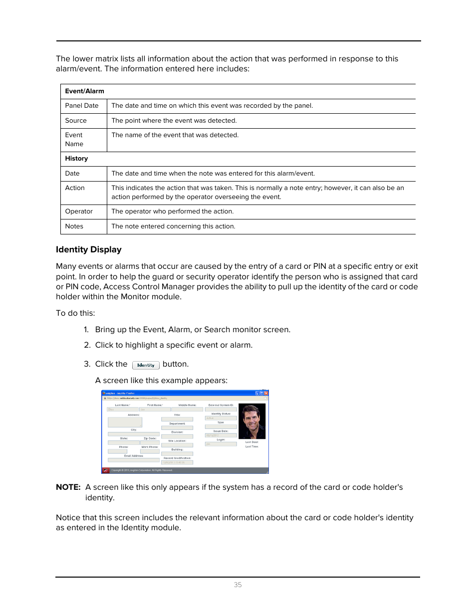 Identity display | Avigilon Access Control Manager - Alarm Monitoring User Manual | Page 39 / 41