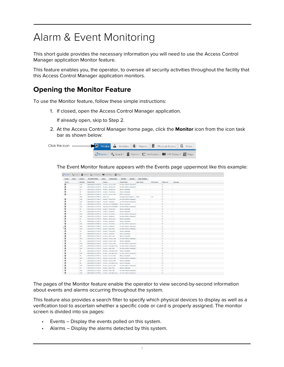 Alarm & event monitoring, Opening the monitor feature | Avigilon Access Control Manager - Alarm Monitoring User Manual | Page 5 / 41