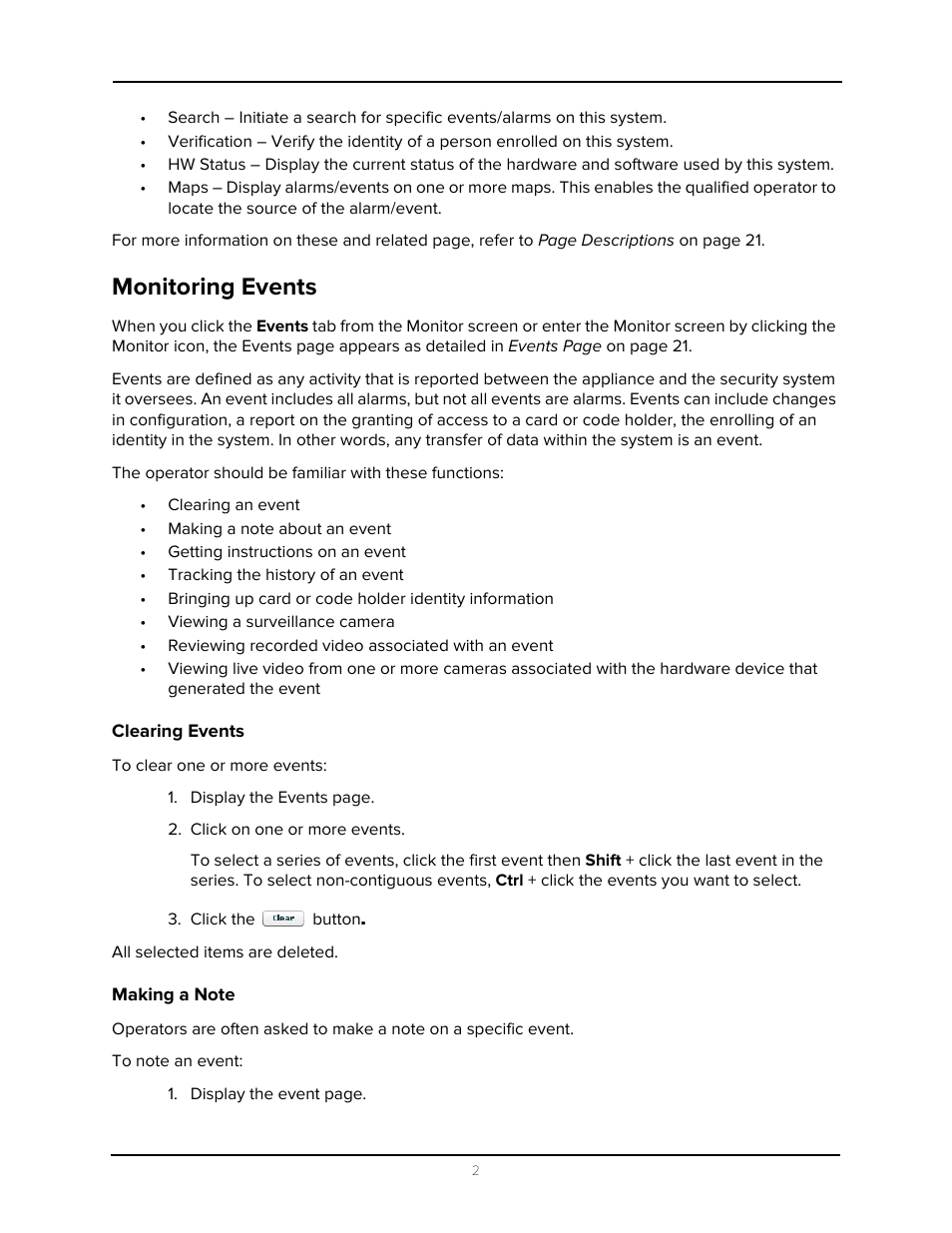 Monitoring events, Clearing events, Making a note | Clearing events making a note | Avigilon Access Control Manager - Alarm Monitoring User Manual | Page 6 / 41