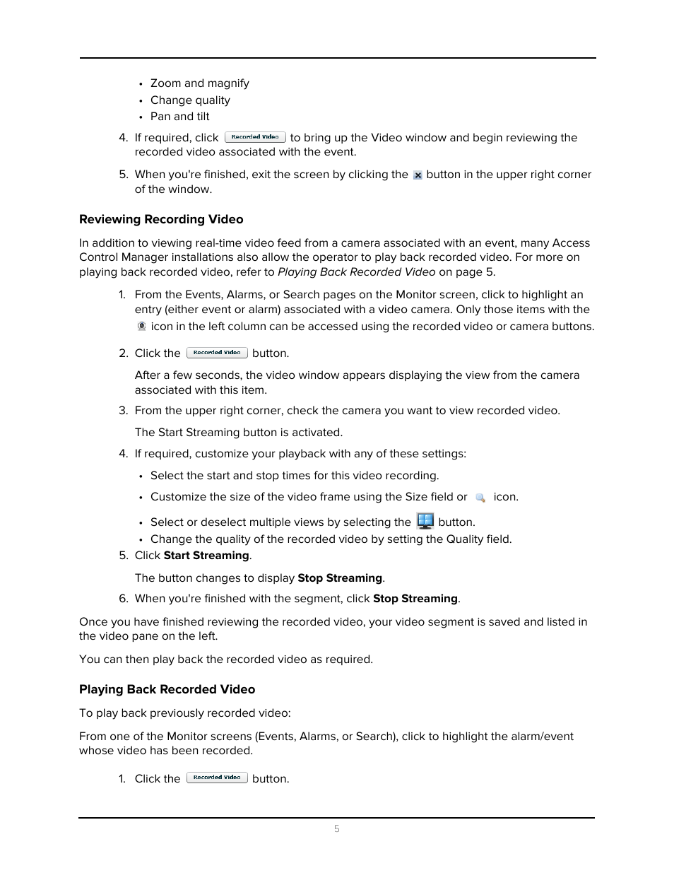 Reviewing recording video, Playing back recorded video | Avigilon Access Control Manager - Alarm Monitoring User Manual | Page 9 / 41