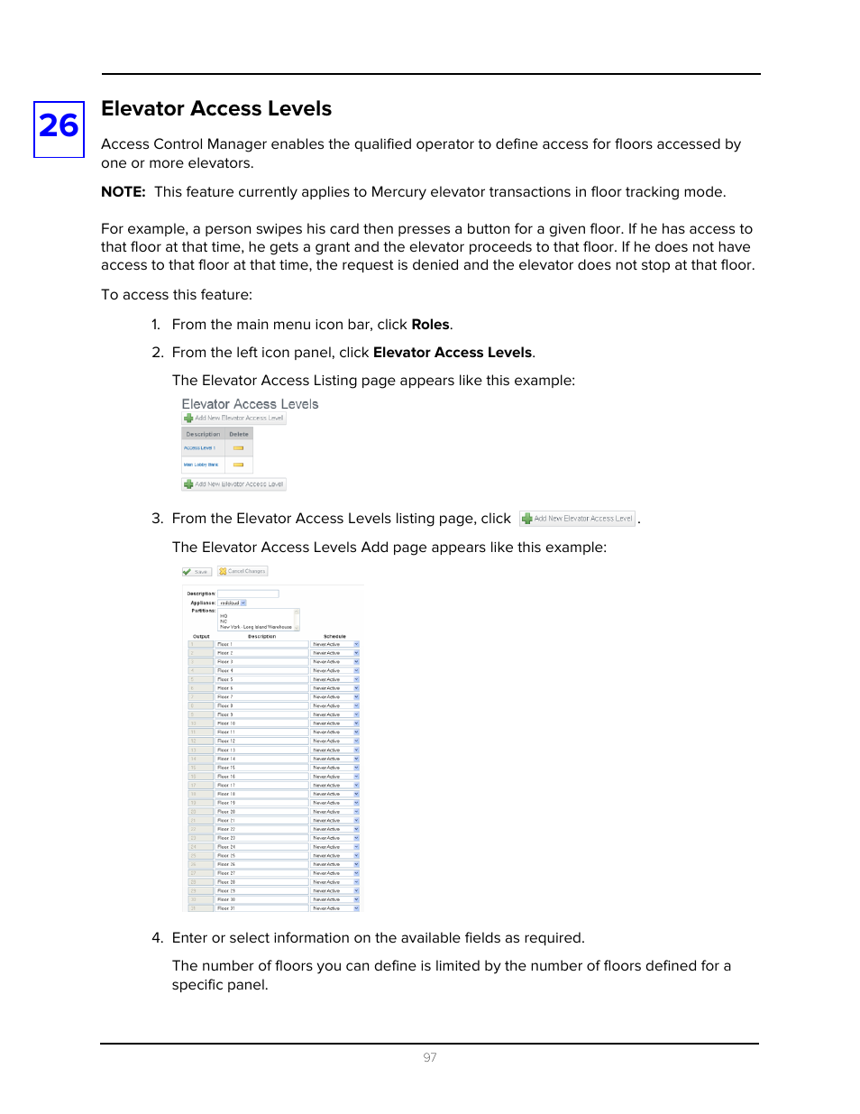 Elevator access levels, From the main menu icon bar, click roles | Avigilon Access Control Manager - Avigilon Workflow Guide User Manual | Page 101 / 119