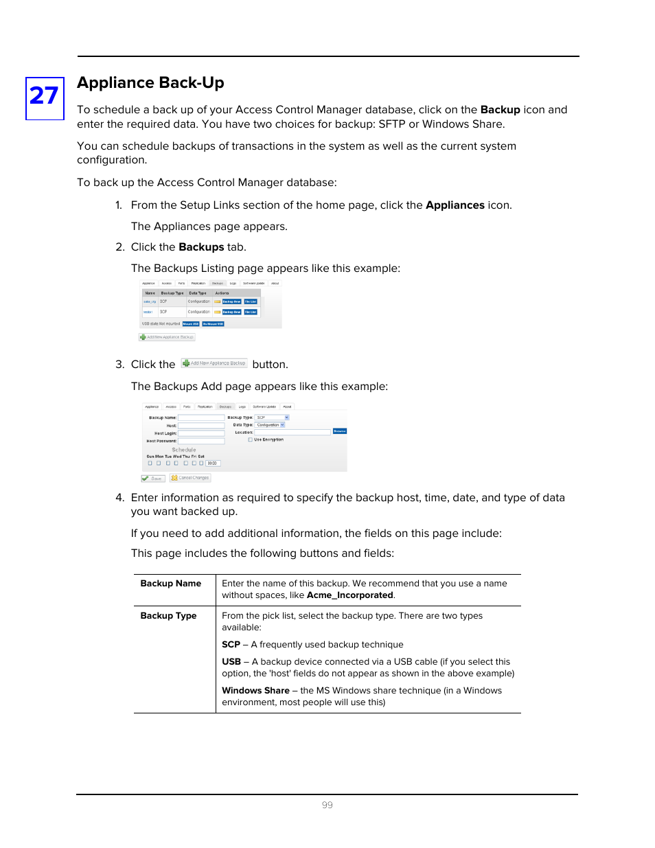 Appliance back-up, Click the backups tab, Click the button | Avigilon Access Control Manager - Avigilon Workflow Guide User Manual | Page 103 / 119