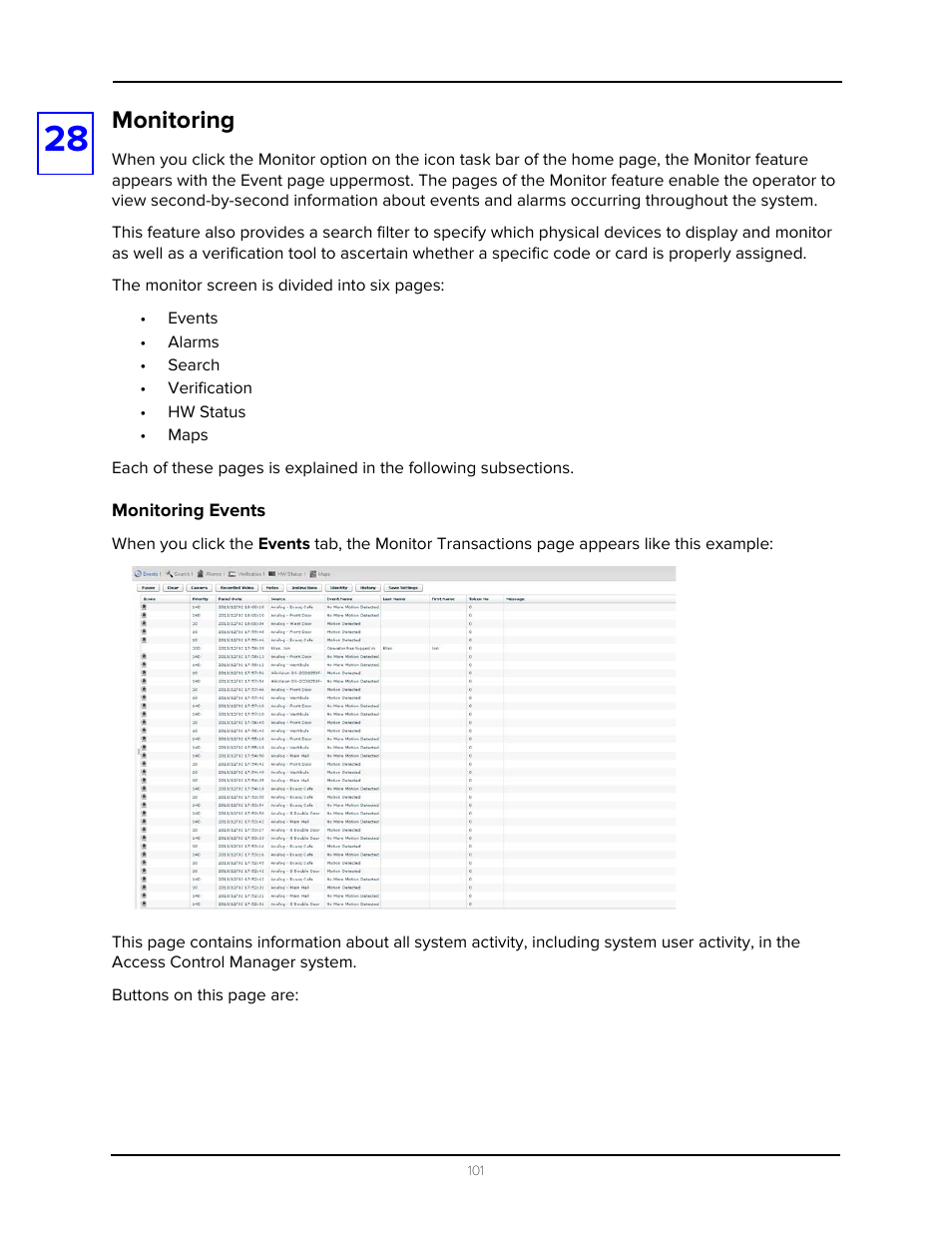 Monitoring, Monitoring events | Avigilon Access Control Manager - Avigilon Workflow Guide User Manual | Page 105 / 119