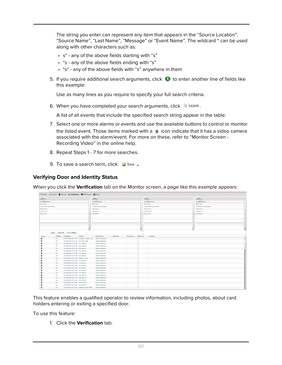 Repeat steps 1 - 7 for more searches, To save a search term, click, Verifying door and identity status | Click the verification tab | Avigilon Access Control Manager - Avigilon Workflow Guide User Manual | Page 111 / 119