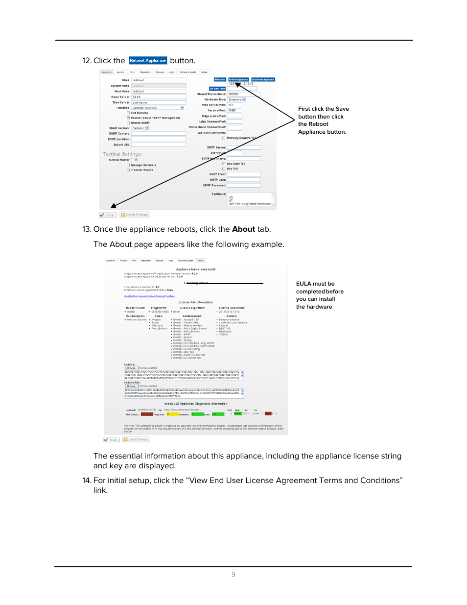 Click the button, Once the appliance reboots, click the about tab | Avigilon Access Control Manager - Avigilon Workflow Guide User Manual | Page 13 / 119