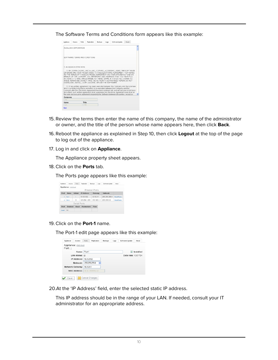 Log in and click on appliance, Click on the ports tab, Click on the port-1 name | Avigilon Access Control Manager - Avigilon Workflow Guide User Manual | Page 14 / 119