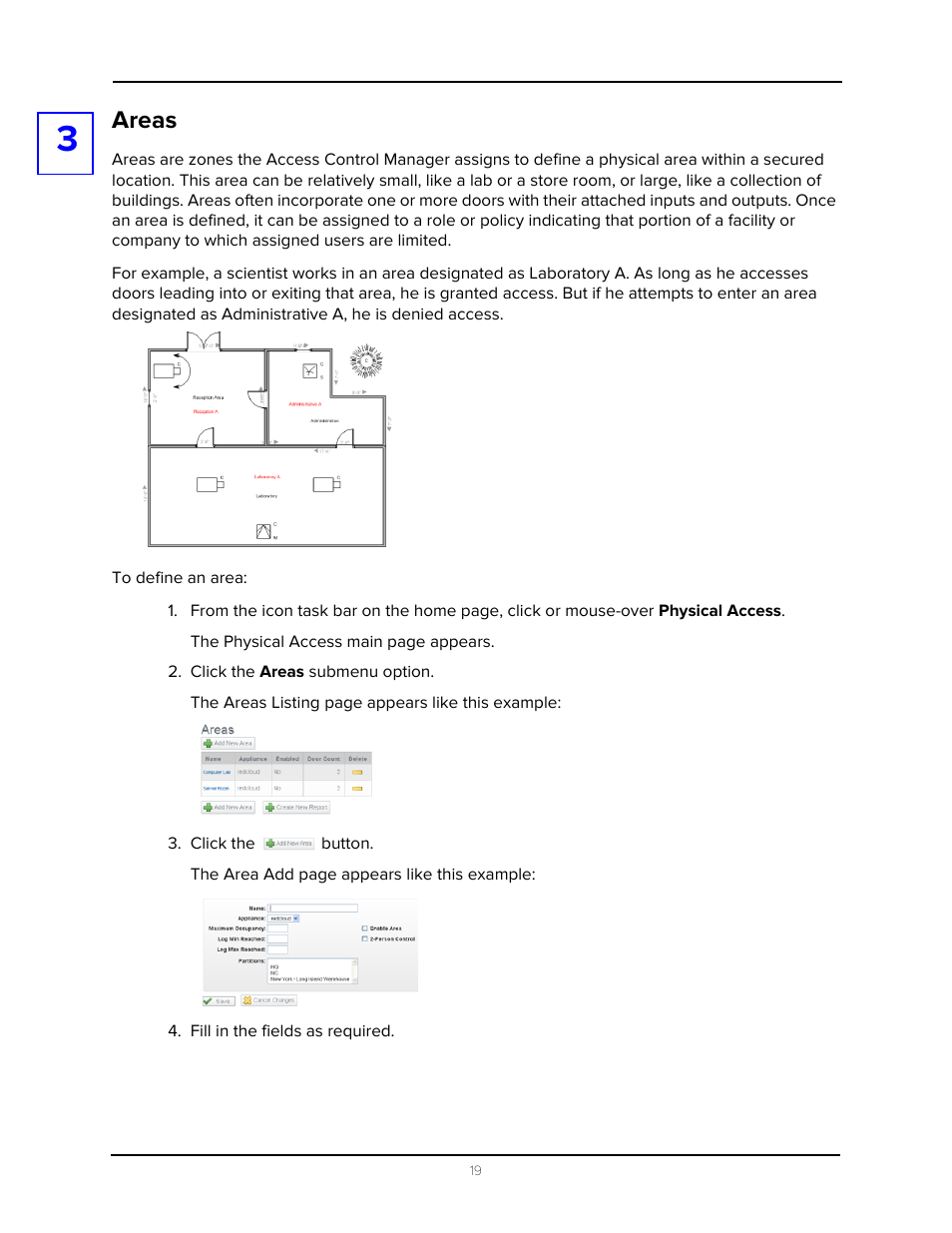 Areas, Click the areas submenu option, Click the button | Fill in the fields as required | Avigilon Access Control Manager - Avigilon Workflow Guide User Manual | Page 23 / 119