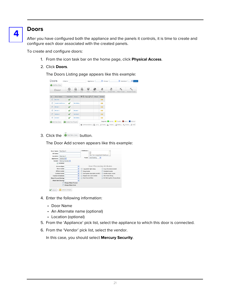 Doors, Click doors, Click the button | Enter the following information, From the ‘vendor’ pick list, select the vendor | Avigilon Access Control Manager - Avigilon Workflow Guide User Manual | Page 25 / 119