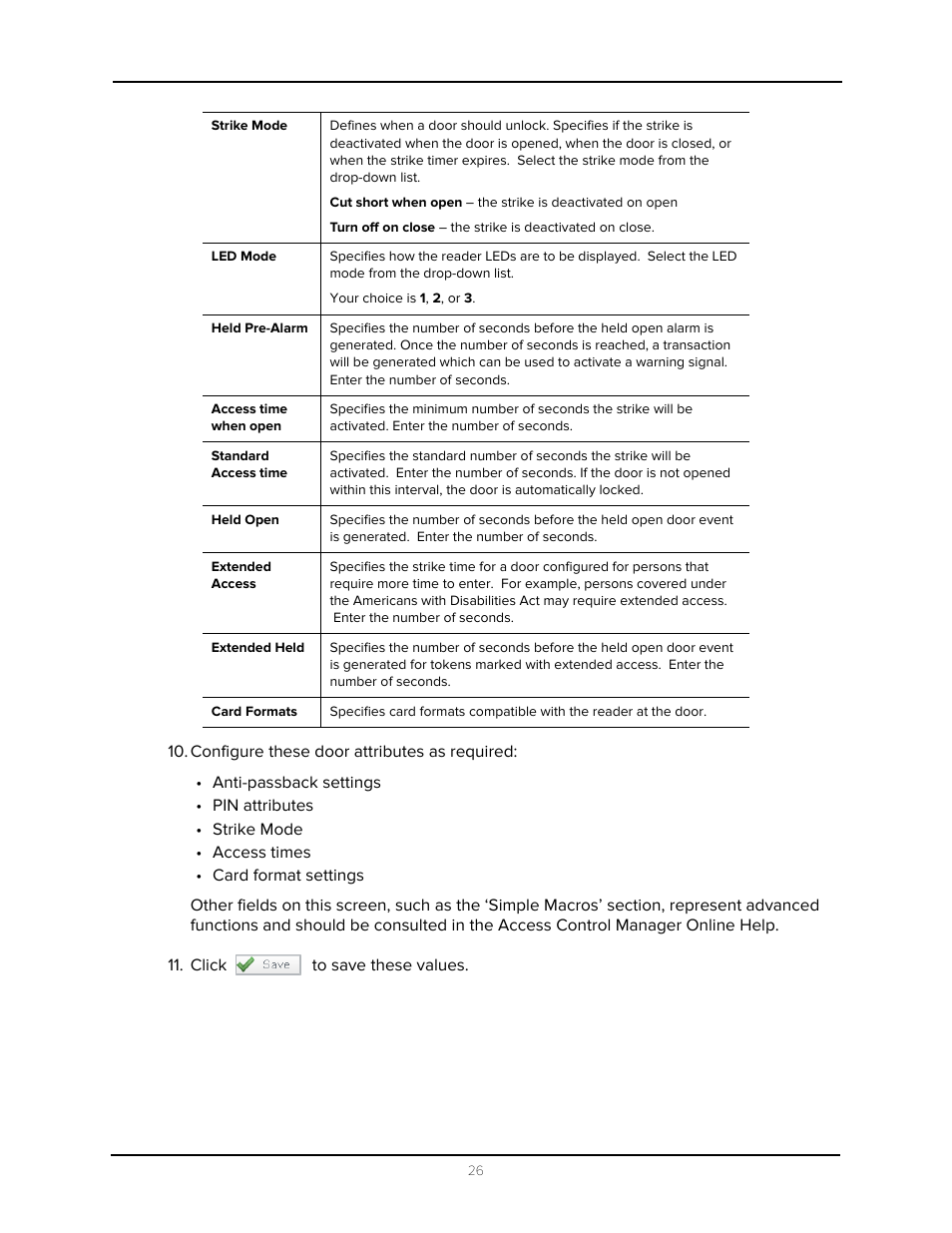 Configure these door attributes as required, Click to save these values | Avigilon Access Control Manager - Avigilon Workflow Guide User Manual | Page 30 / 119
