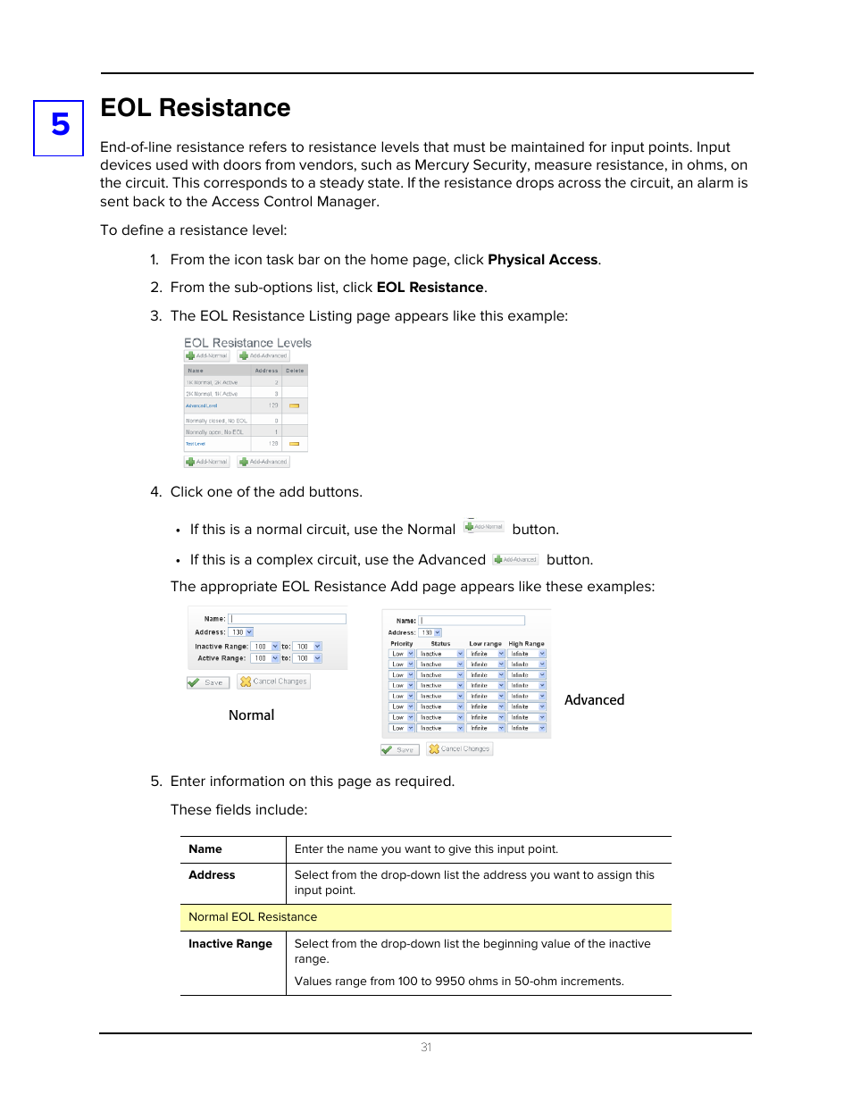 Eol resistance, From the sub-options list, click eol resistance, Click one of the add buttons | Avigilon Access Control Manager - Avigilon Workflow Guide User Manual | Page 35 / 119