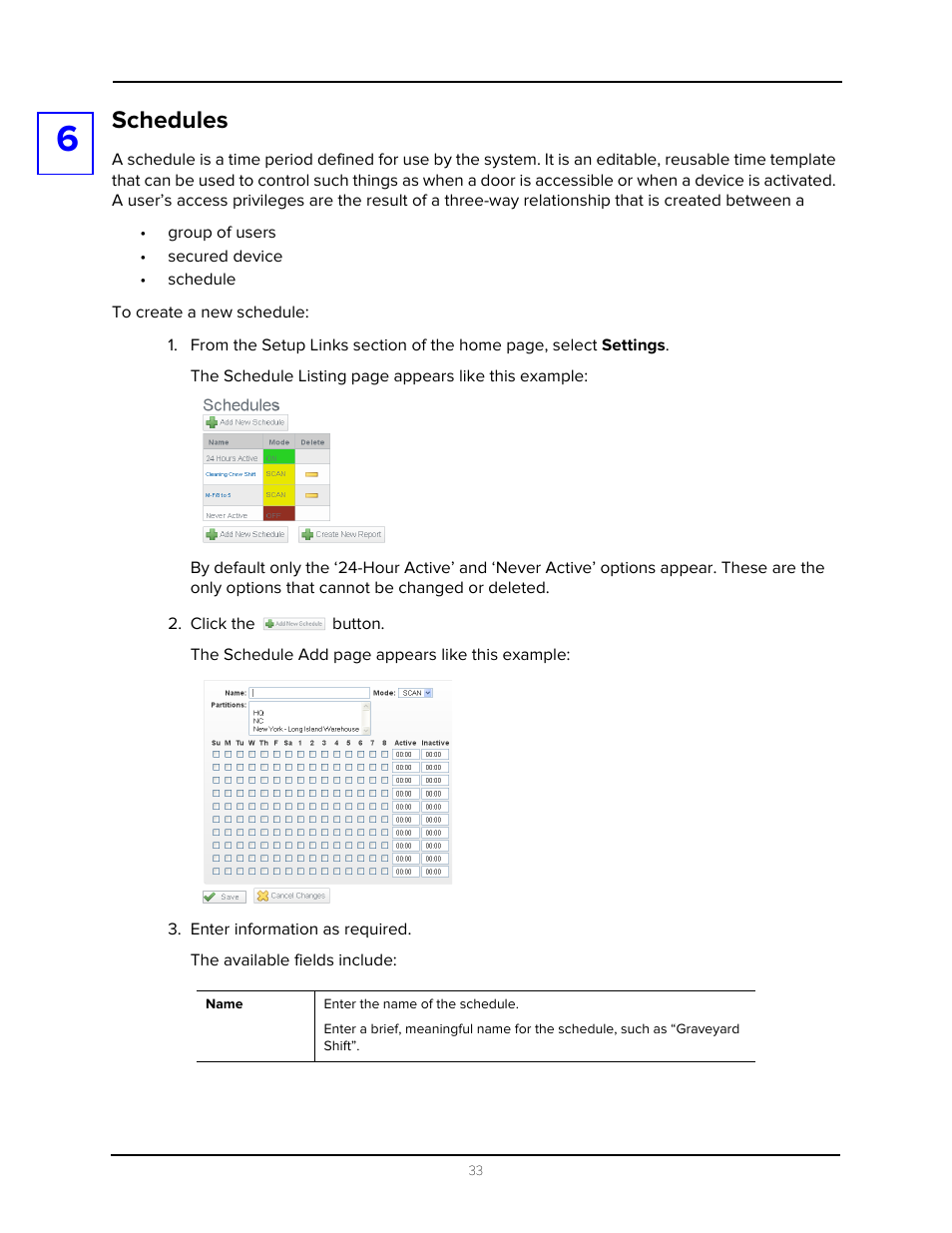 Schedules, Click the button, Enter information as required | Avigilon Access Control Manager - Avigilon Workflow Guide User Manual | Page 37 / 119