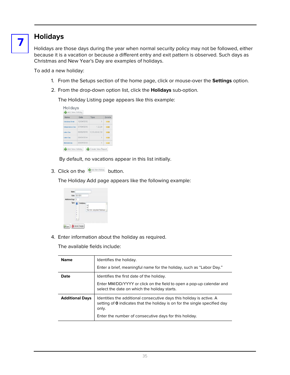 Holidays, Click on the button, Enter information about the holiday as required | Avigilon Access Control Manager - Avigilon Workflow Guide User Manual | Page 39 / 119