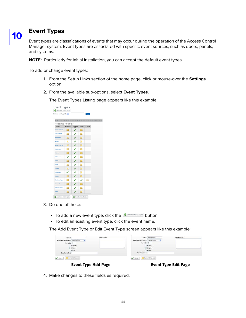 Event types, From the available sub-options, select event types, Do one of these | Make changes to these fields as required | Avigilon Access Control Manager - Avigilon Workflow Guide User Manual | Page 48 / 119