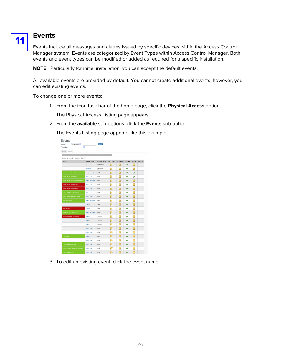 Events, To edit an existing event, click the event name | Avigilon Access Control Manager - Avigilon Workflow Guide User Manual | Page 50 / 119