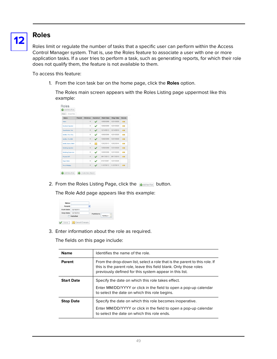 Roles, Enter information about the role as required | Avigilon Access Control Manager - Avigilon Workflow Guide User Manual | Page 53 / 119