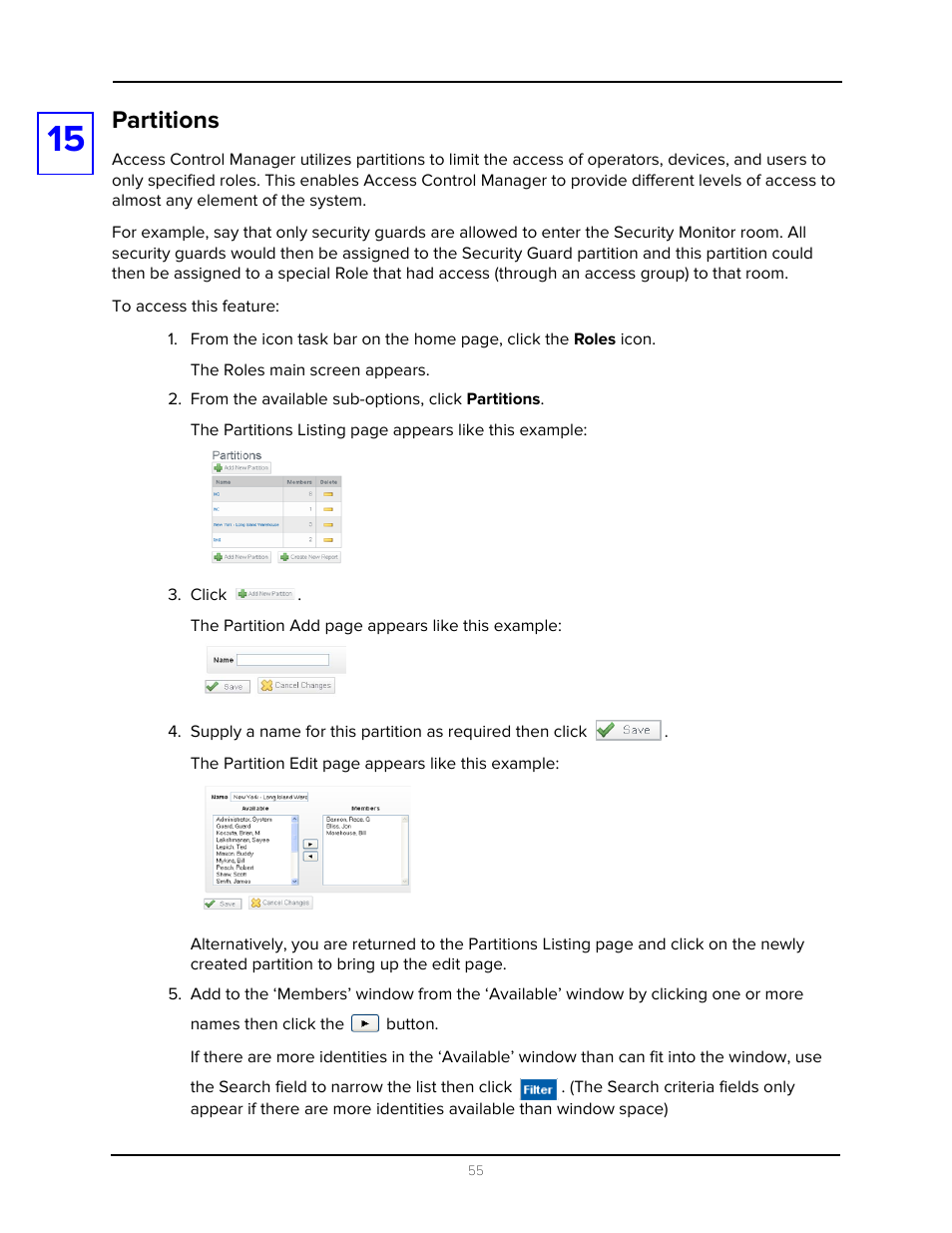 Partitions, From the available sub-options, click partitions, Click | Avigilon Access Control Manager - Avigilon Workflow Guide User Manual | Page 59 / 119