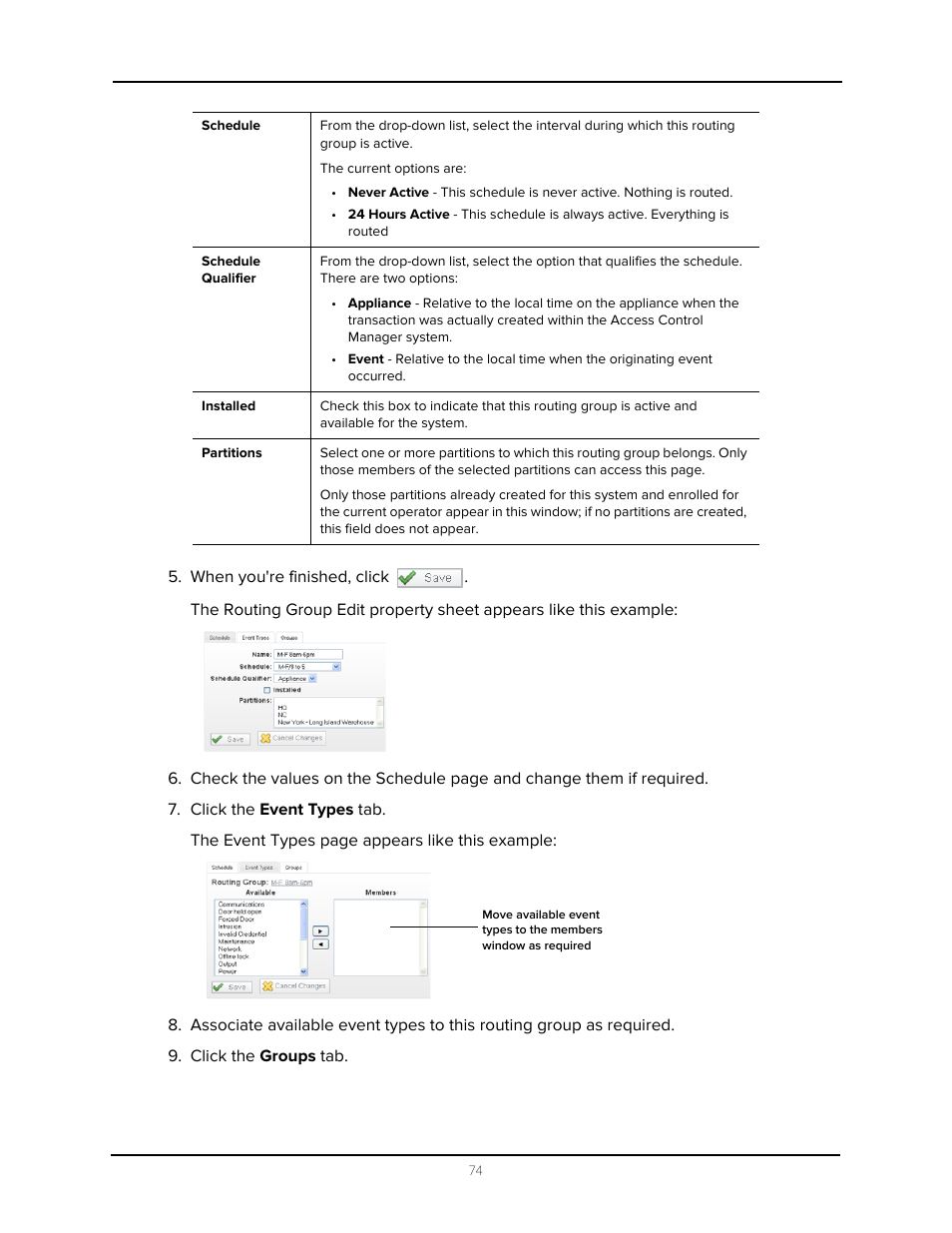 When you're finished, click, Click the event types tab, Click the groups tab | Avigilon Access Control Manager - Avigilon Workflow Guide User Manual | Page 78 / 119