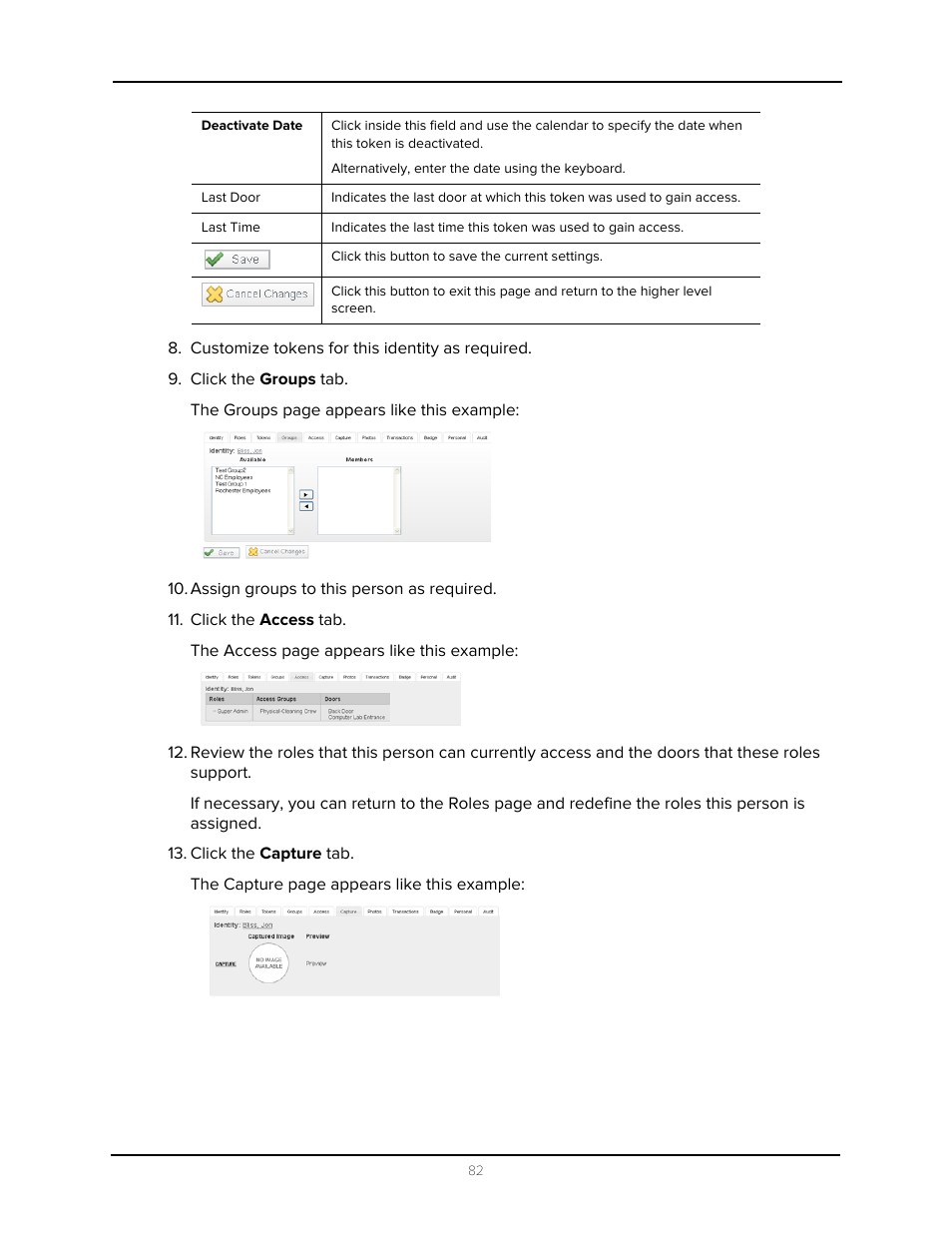 Customize tokens for this identity as required, Click the groups tab, Assign groups to this person as required | Click the access tab, Click the capture tab | Avigilon Access Control Manager - Avigilon Workflow Guide User Manual | Page 86 / 119