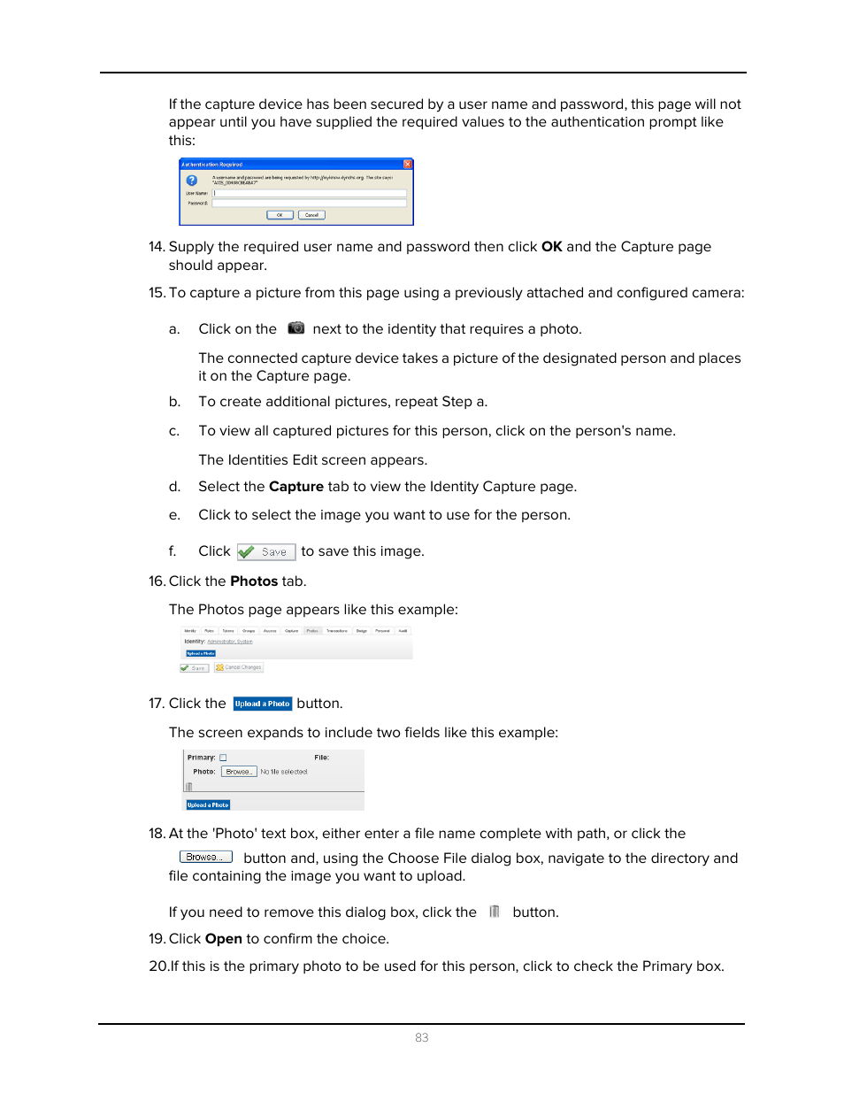 B. to create additional pictures, repeat step a, F. click to save this image, Click the photos tab | Click the button, Click open to confirm the choice | Avigilon Access Control Manager - Avigilon Workflow Guide User Manual | Page 87 / 119