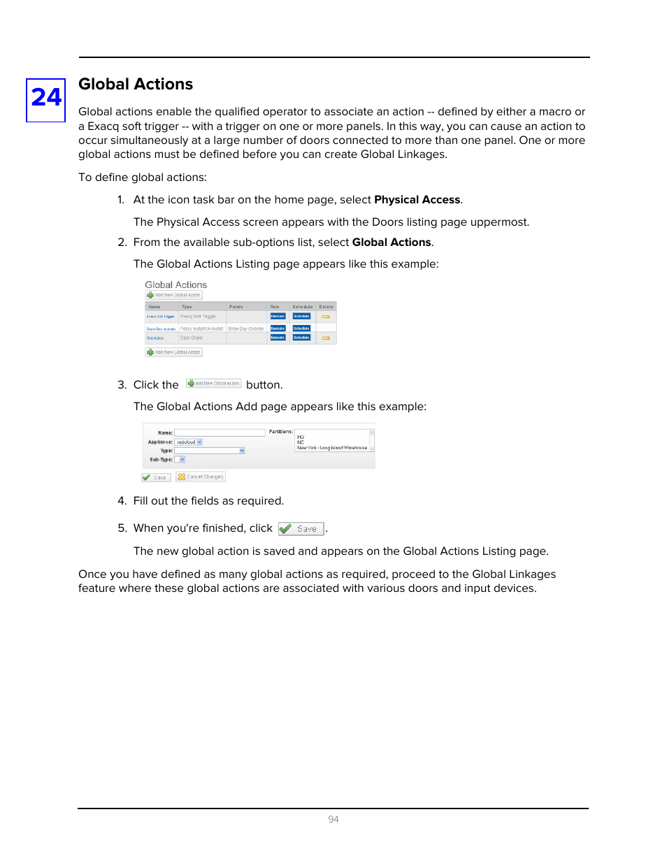 Global actions, Click the button, Fill out the fields as required | When you're finished, click | Avigilon Access Control Manager - Avigilon Workflow Guide User Manual | Page 98 / 119