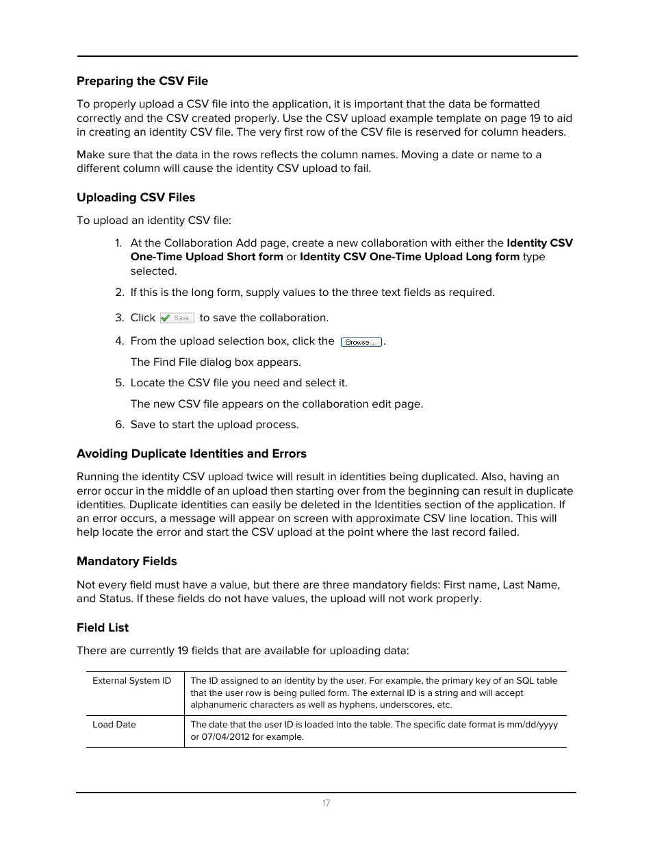 Preparing the csv file, Uploading csv files, Avoiding duplicate identities and errors | Mandatory fields, Field list | Avigilon Access Control Manager - Collaboration User Manual | Page 22 / 36