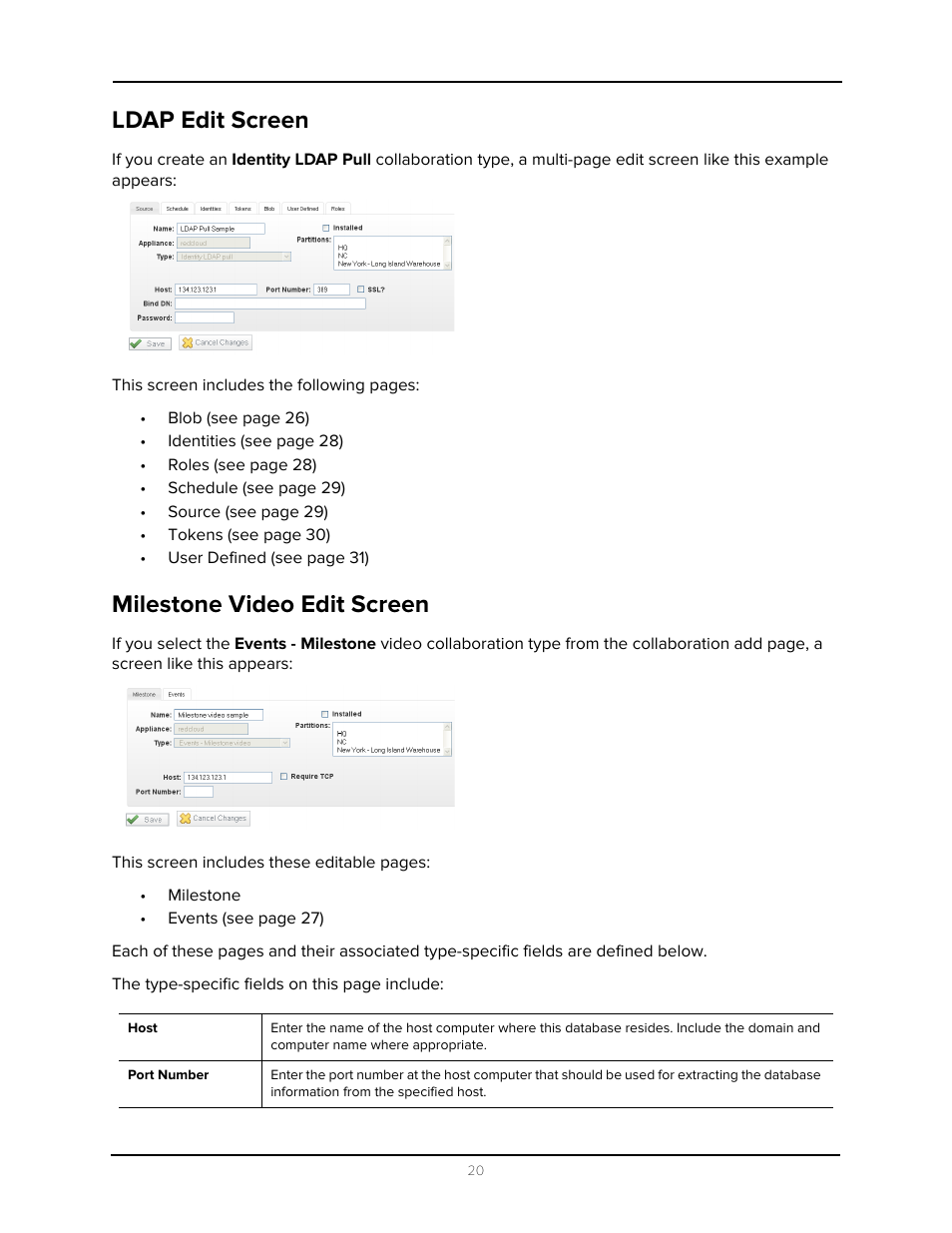 Ldap edit screen, Milestone video edit screen, Ldap edit screen milestone video edit screen | Avigilon Access Control Manager - Collaboration User Manual | Page 25 / 36